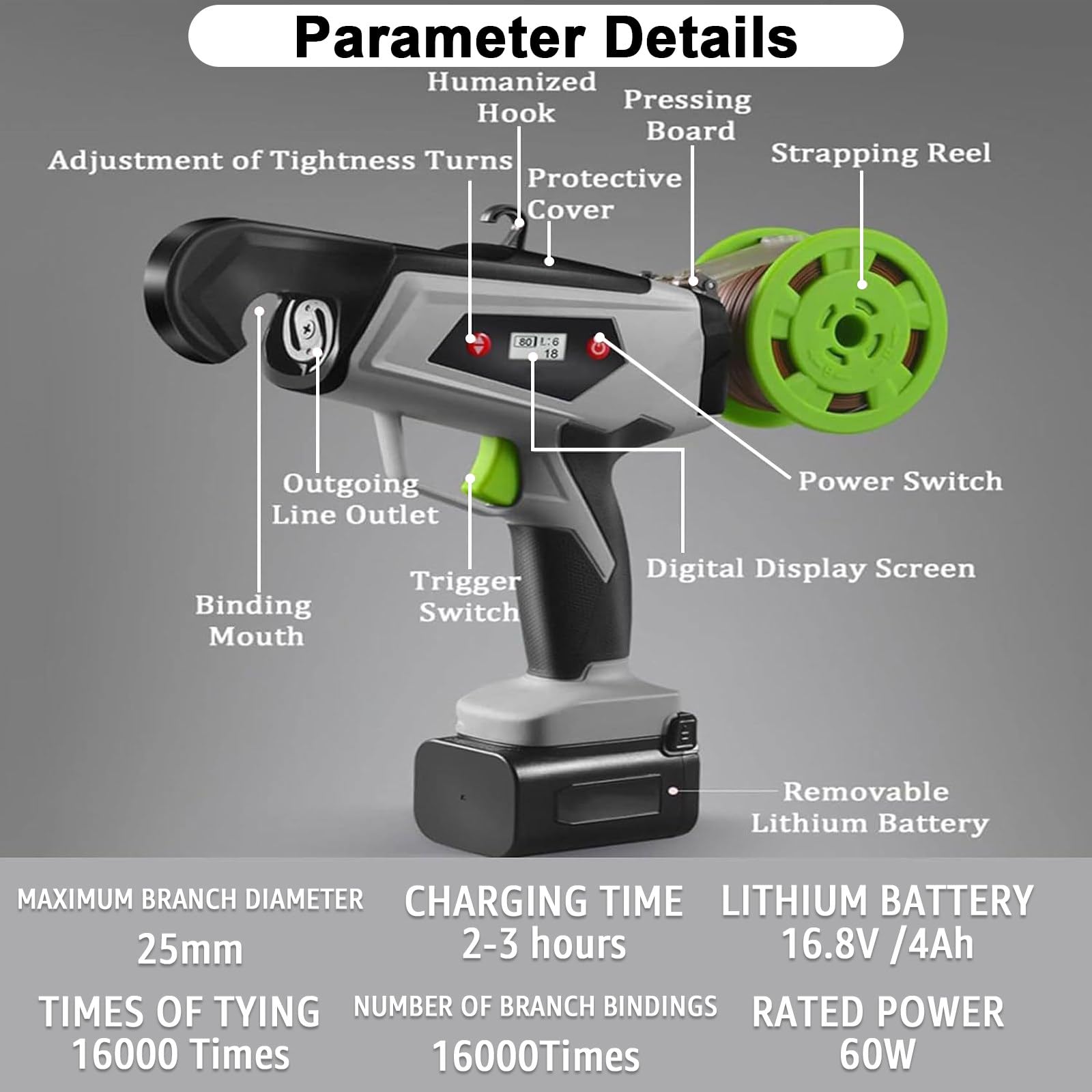 Maquina Atar Tomates Maquina de Entutorar Pantalla LED Batería 16.8V para Cuidado de Plantas de Balcón Machine+20CableTies