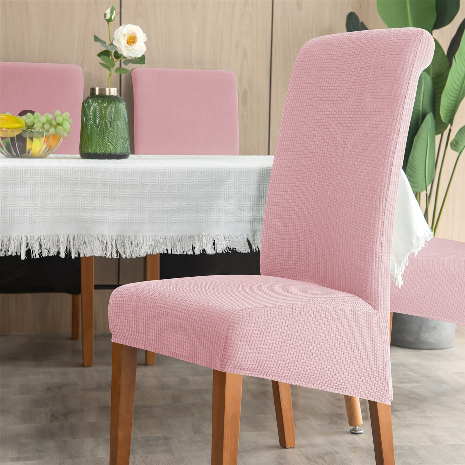 Chickwin Pack 1 2 4 6 Fundas Sillas Comedor XL Respaldo Alto, Plaid Jacquard Fundas Elasticas para Sillas de Sala, Funda para Silla Impermeable Universal Ajustable (4 Piezas,Rosa)