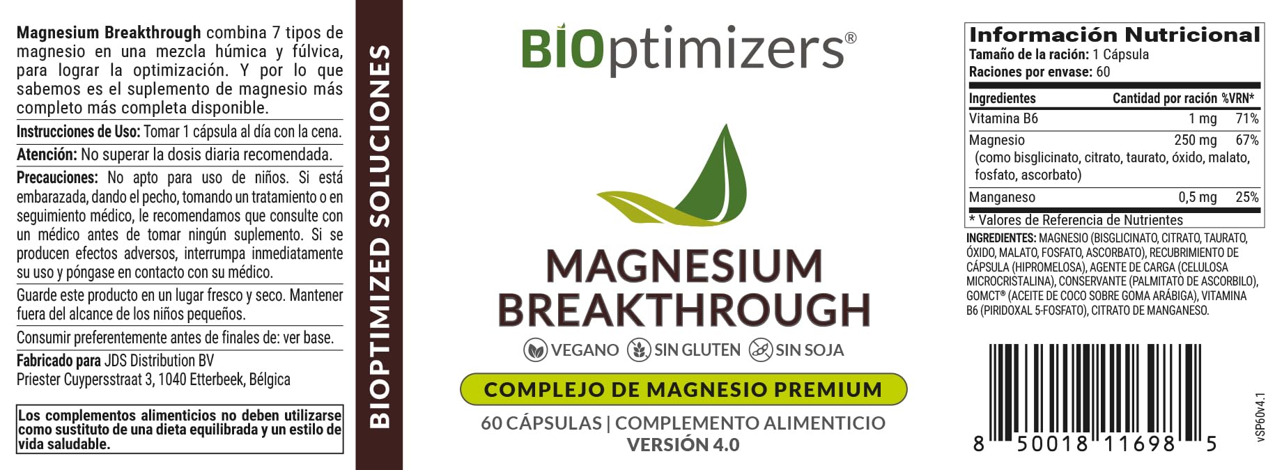 BiOptimizers Magnesium Breakthrough 4.0 Complejo 7 En 1 | 60 Cápsulas