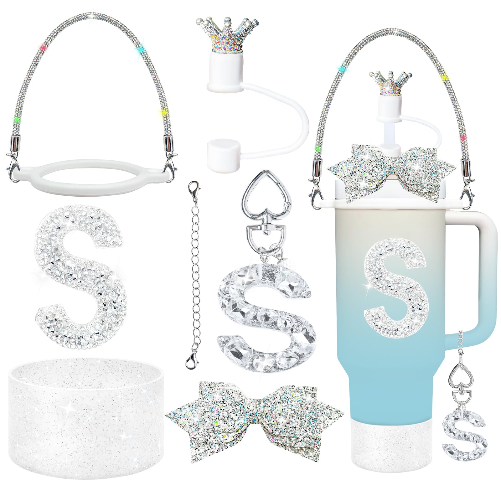 8Pcs Silvery Stanley Cup Accessories Set for Stanley Cup 30&40 Oz Tumbler - Silicone Straw Cover Cap and Boot, Handle Letter Charm, Bow Decoration Initial Sticker, Diamond Water Bottle Handle Strap(S)