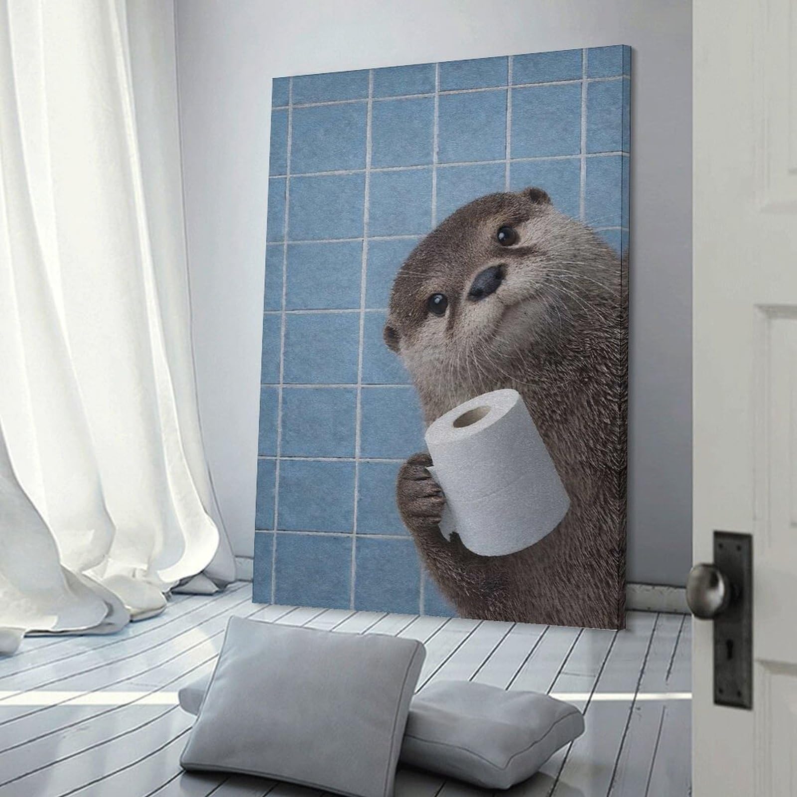 Junmoney Otter Holding Toilet Paper Wall Decor Canvas Print, 08x12inch(20x30cm), for Living Room, Lounge Or Sitting Room, Easy Decor for Gallery Walls