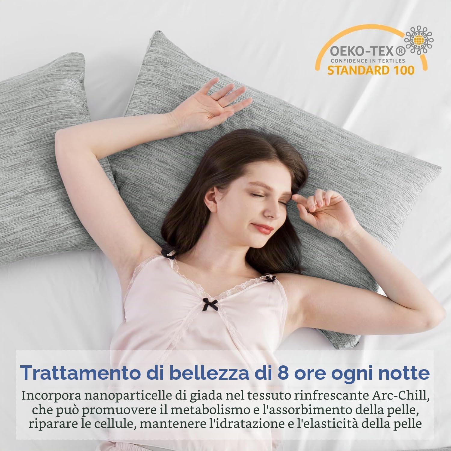 Elegear Federe Cuscini Rinfrescanti 2 Pezzi, Federe Estive con Fibra Giapponese Arc-Chill Q-Max>0.5 e Cotone, Bifacciali, Setose e Mmorbide, Federa per Cuscino 40x80 cm, Grigio