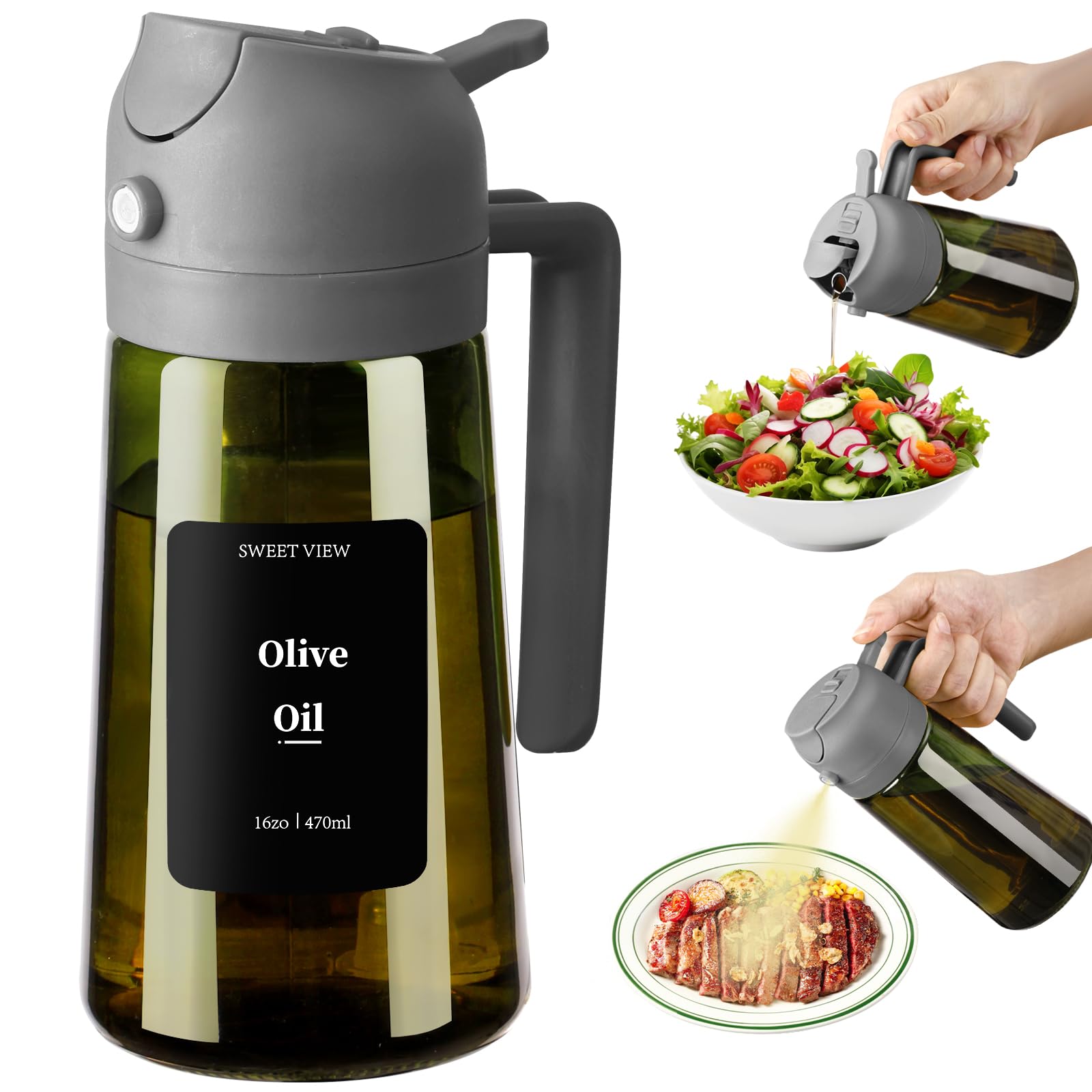 SWEET VIEW Olivenölspender und Ölsprüher – 470 ml Glas, lichtdichter Ölausgießer für Küche, Luftfritteuse, Kochen, Salat und BBQ