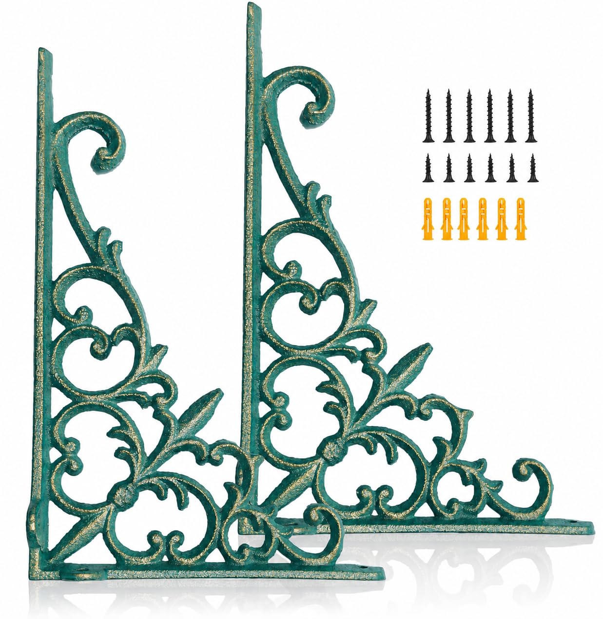 Z METNAL Cast Iron Shelf Brackets 2 Pcs, Decorative Shelves Bracket for Wall, Victorian Wall Shelf Supports, Antique Shelving Bracket for Bedroom Kitchen Living Room Bathroom, Vintage Green