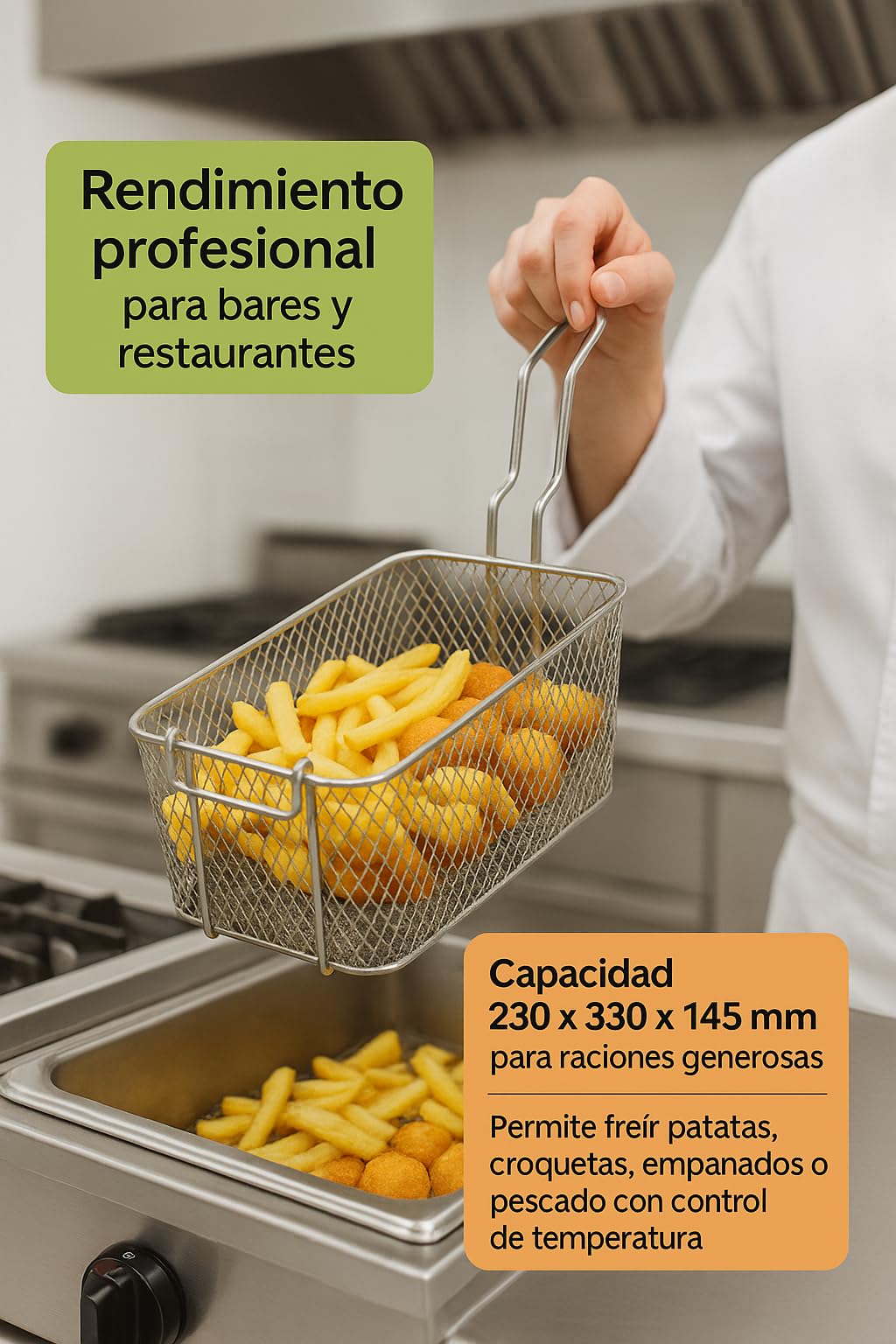 CubetasGastronorm ® Cesta Freidora 230x330x145 Mm Acero Reforzado Malla Diamante Gas Coccion Recambio Profesional Compatible Con Freidoras Macfrin Cocina Industrial Hosteleria Taller Hogar Fuerte