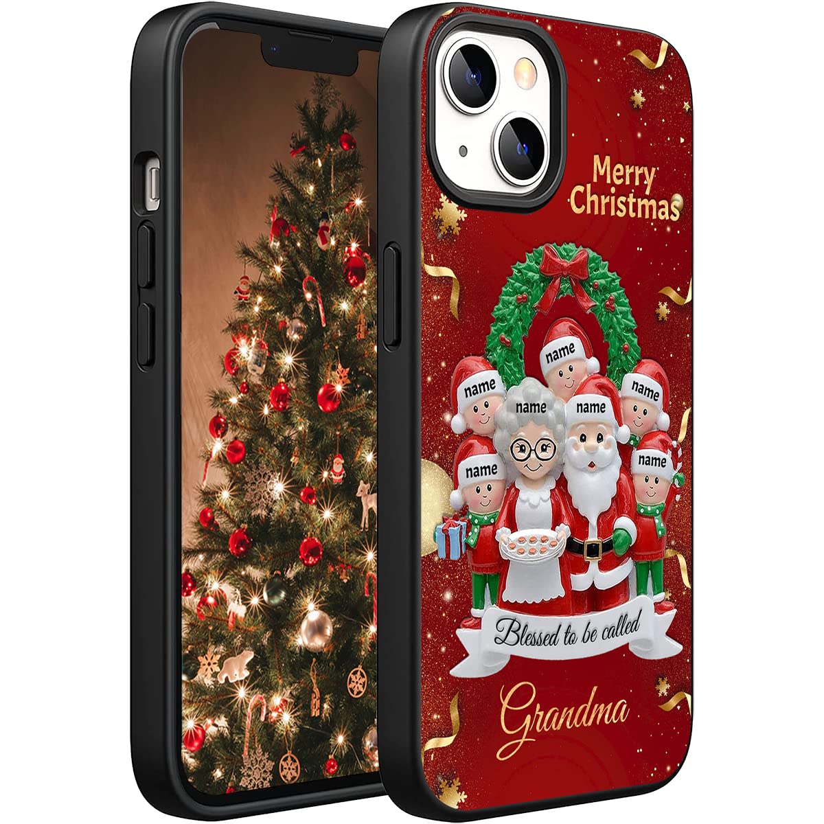 Personalized Grandma Blessed to Be Called Grandama vs Xmas Santa Phone Case for iPhone 14 11 12 13 Xs Samsung S22 S21 S20 A03S A53 with Grandkid's Name, Xmas Nana Gift