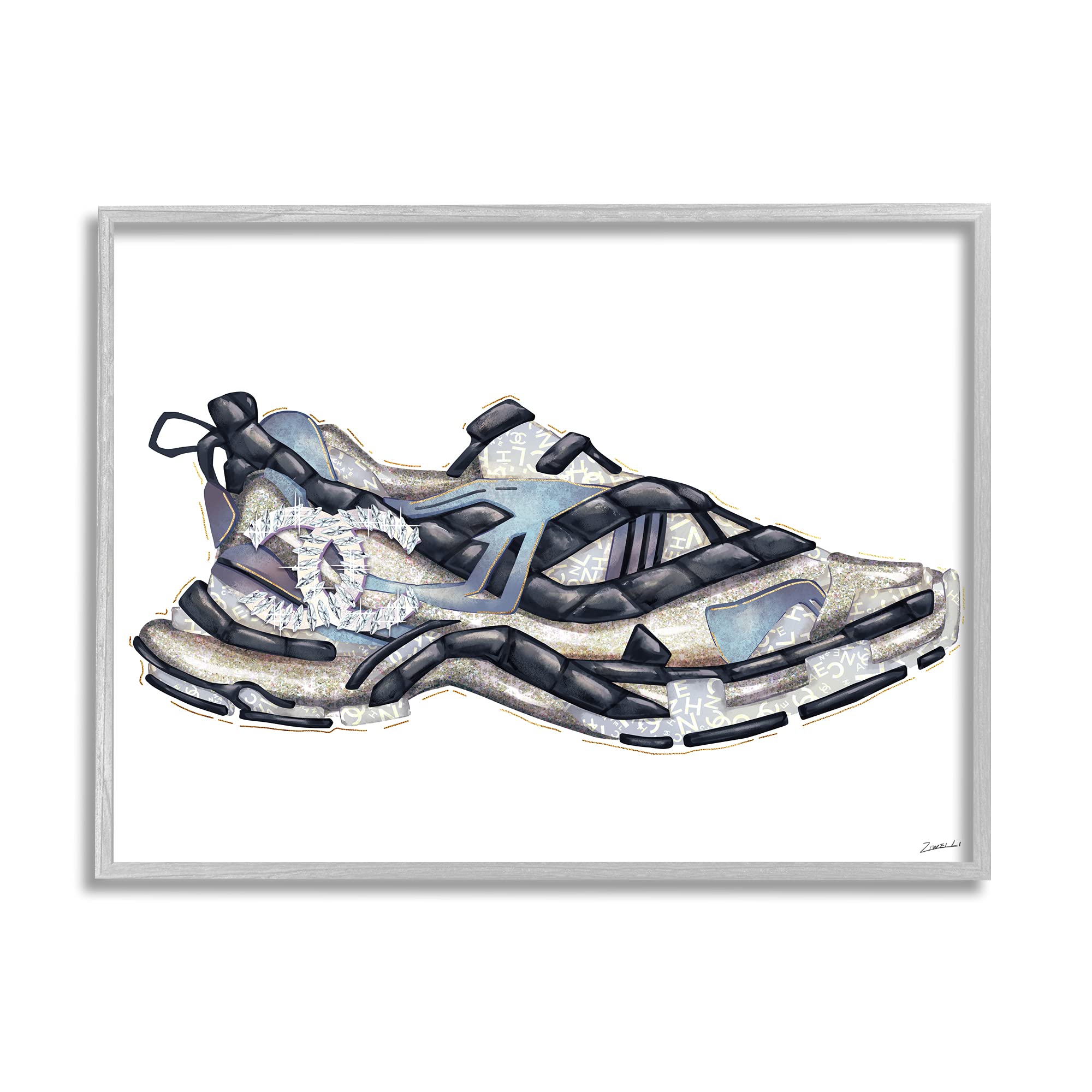 Stupell Industries Glam Fashion Running Shoe Sports Chic Sneaker, Designed by Ziwei Li Gray Framed Wall Art, 11 x 14, Multi-Color
