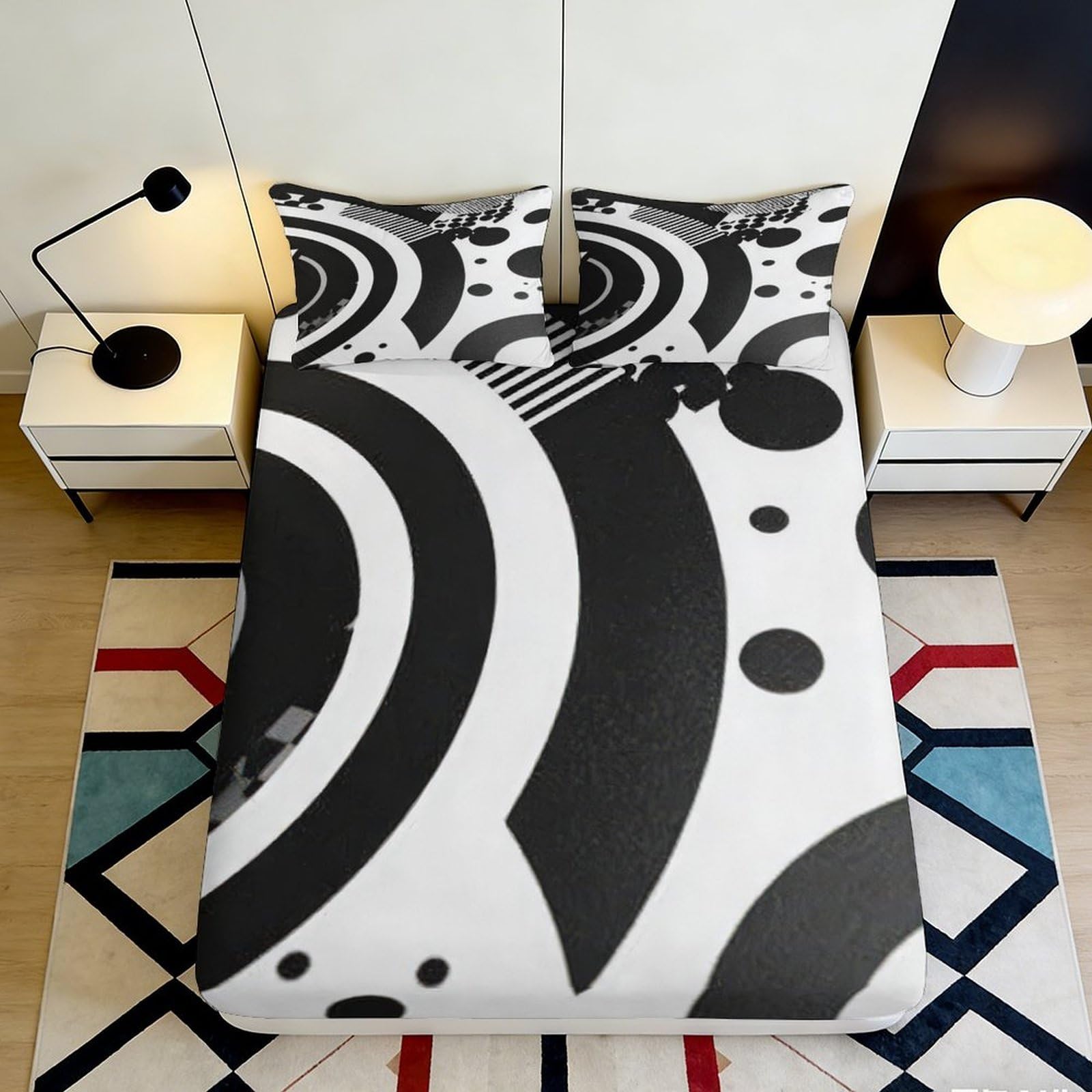 Pnayamiorkfel Style-10 3D Printed Abstract Circle Fitted Sheet Microfiber Soft Black White Geometric Bed Cover For Bedroom Dorm Decor 90X200x25cm
