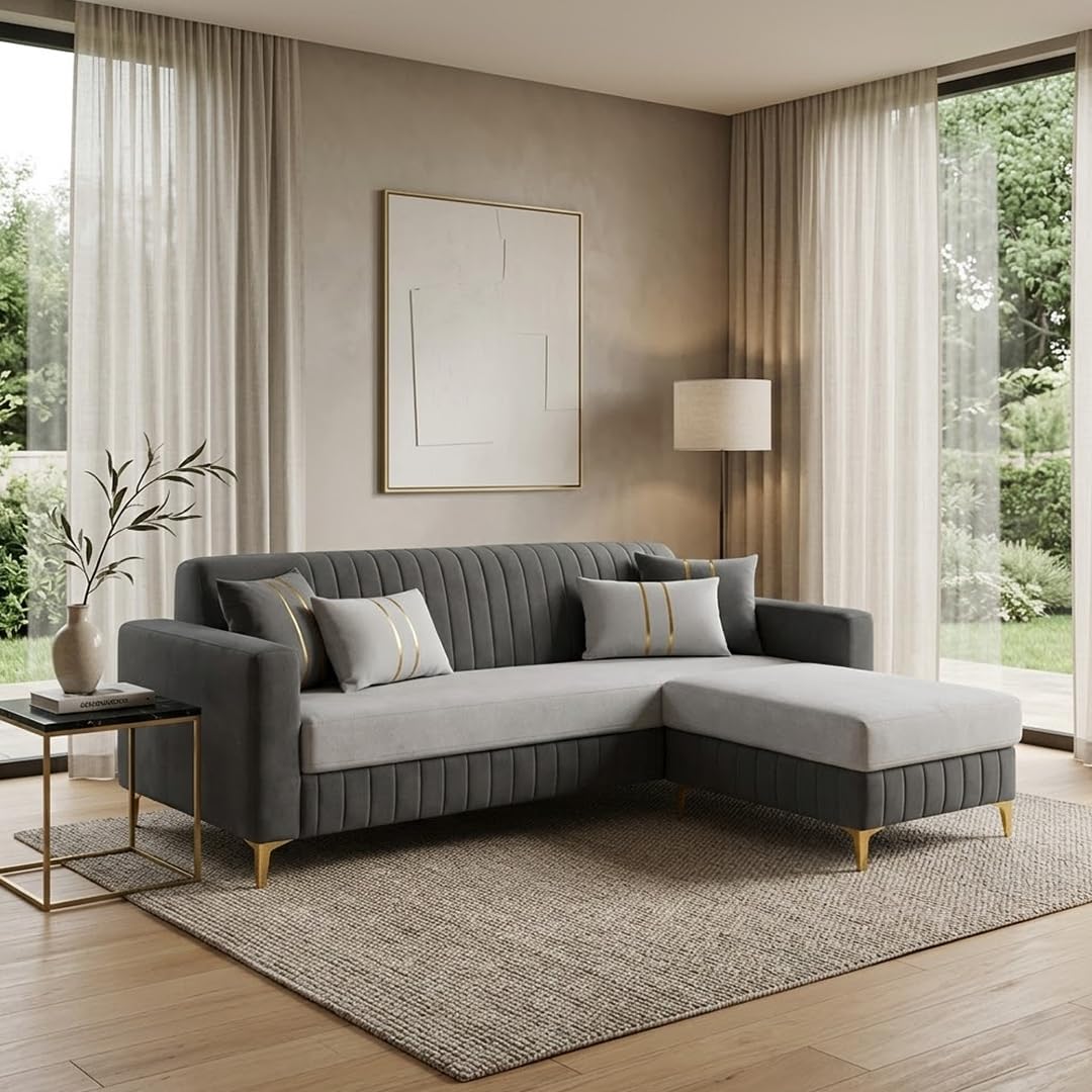 CASASTYLE Noviq 4 Seater L Shape Sofa Set with Movable Ottoman | Flexible Left or Right Layout | Cozy Velvet Fabric | Soft Touch Seating | Modern Designer Sofa for Living Room (Dark Grey-Light Grey)