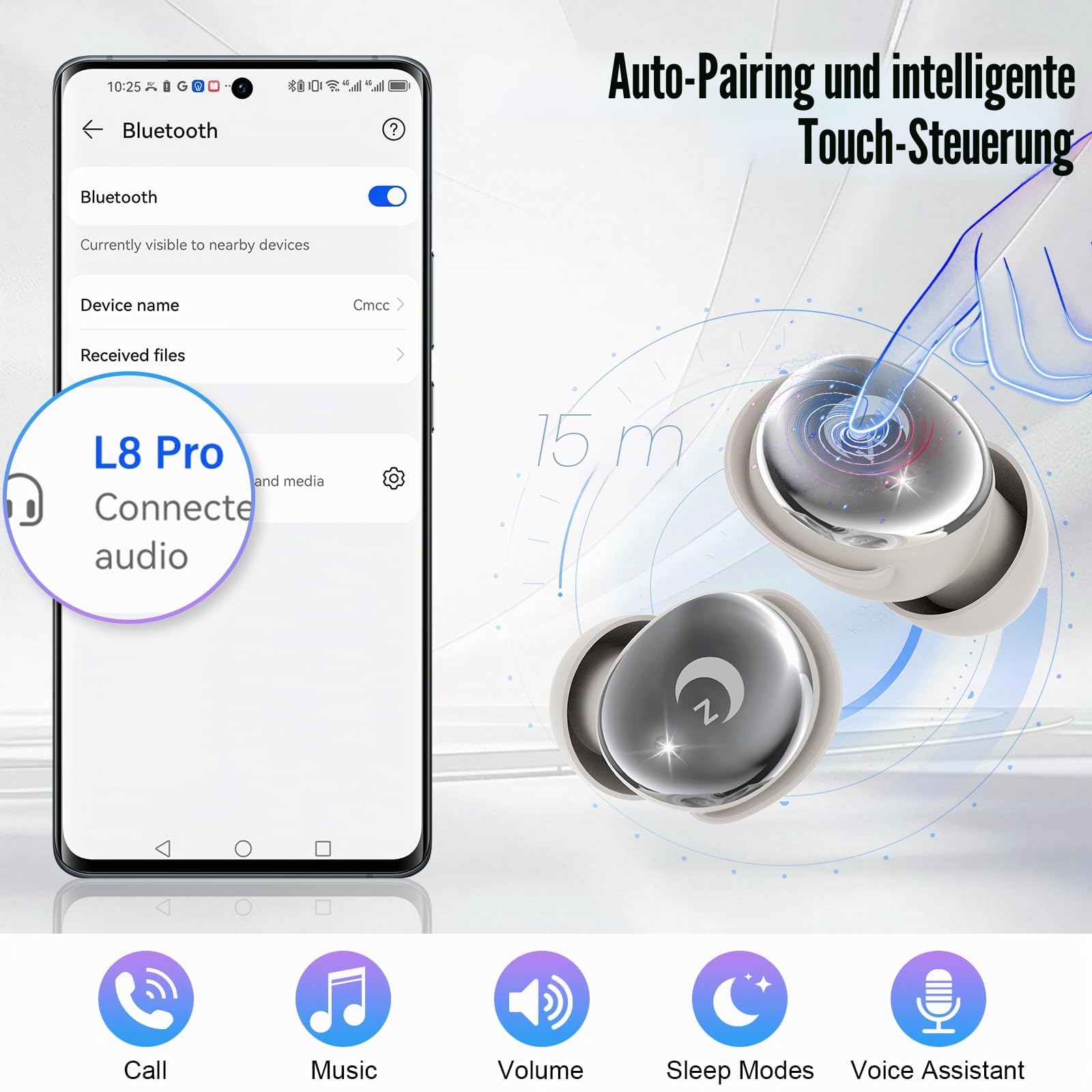 Bluetooth Kopfhörer, Mini 48 Std Schlafkopfhörer Bluetooth 5.4 mit Touchscreen, 2026 Neue in Ear Kopfhörer Kabellos mit ENC Noise Cancelling, IPX7 Ohrhörer, Immersiver Deep Bass Earbuds, Wolkenweiß