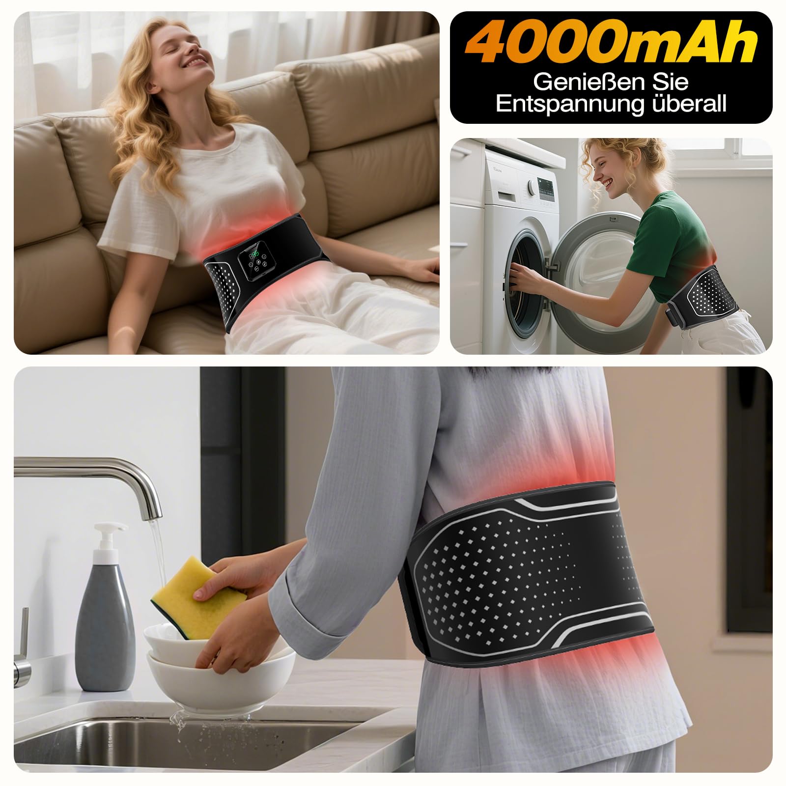 Kabelloser Wärme- und Massagegürtel für den Rücken, Heizkissen für Lendenwirbelsäule mit 3 Luftdruck-Massage Modi & 4 Wärmestufen, Linderung von Rückenschmerzen und Ischias, 4000 mAh Akku