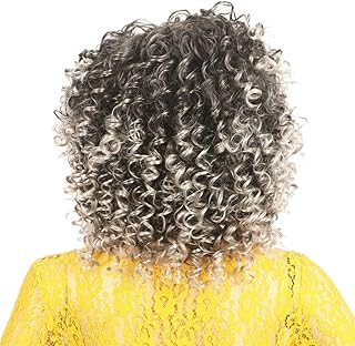 Pkfinrd Peluca Africana Color de gradiente Mullido Largo Rizado Cabello de explosión Peluca Peluca Peluca Modera Fibra Química 10 Pulgadas Negro Gris Gradiente Pelucas Amarillas