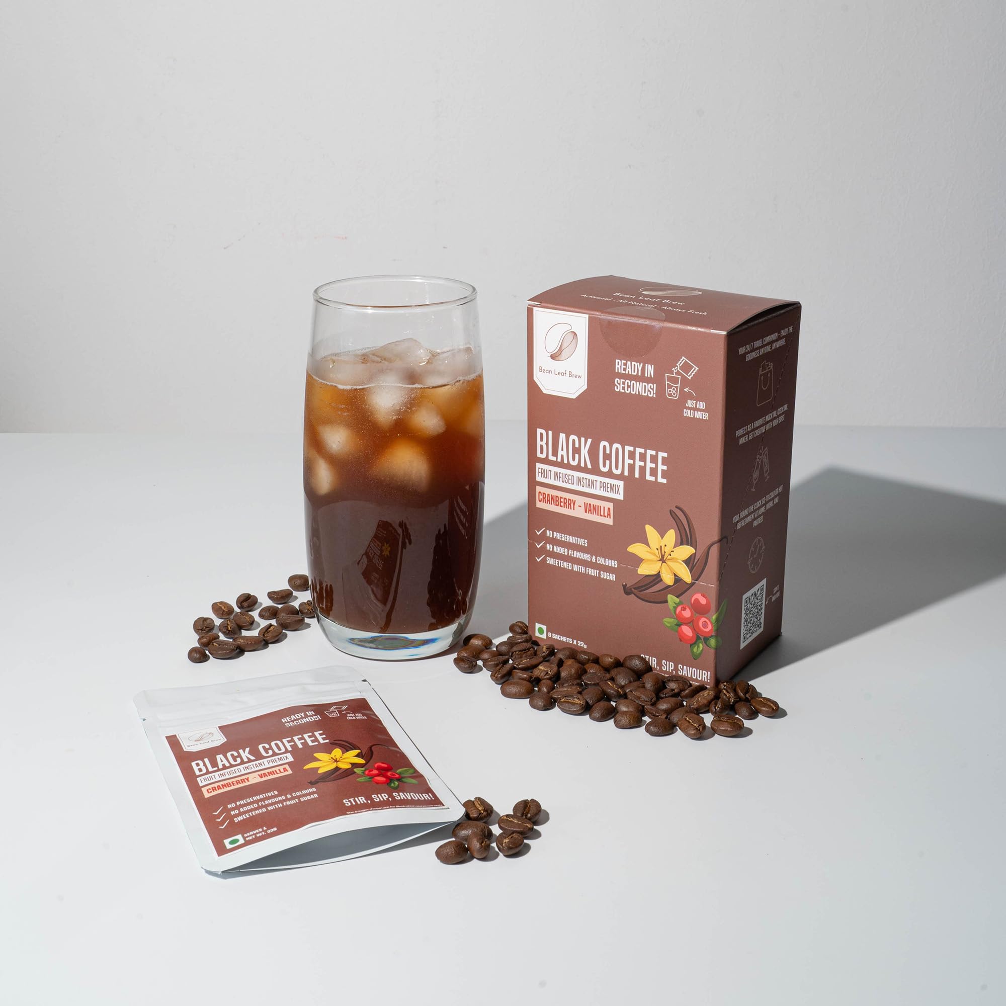 Bean Leaf Brew Black Coffee Fruit Infused Instant Premix - Cranberry Vanilla | No Preservatives, No Added Flavours | Sweetened with Fruit Sugar | 8 x 22g Sachets | Perfect for Mocktail/Cocktail Mixer