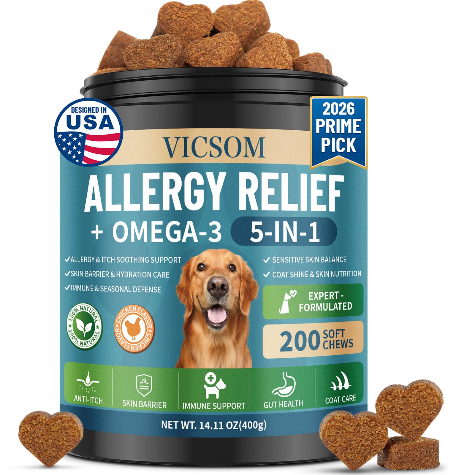 Anti Itch for Dogs Allergy Relief Chews + Omega 3 for Dog Itch Relief, 200 Soft Chews Support Itching Skin, Ear & Paw Licking, Anti-Itch Chews for Dogs with Probiotics Fish Oil for Gut, Immune & Coat
