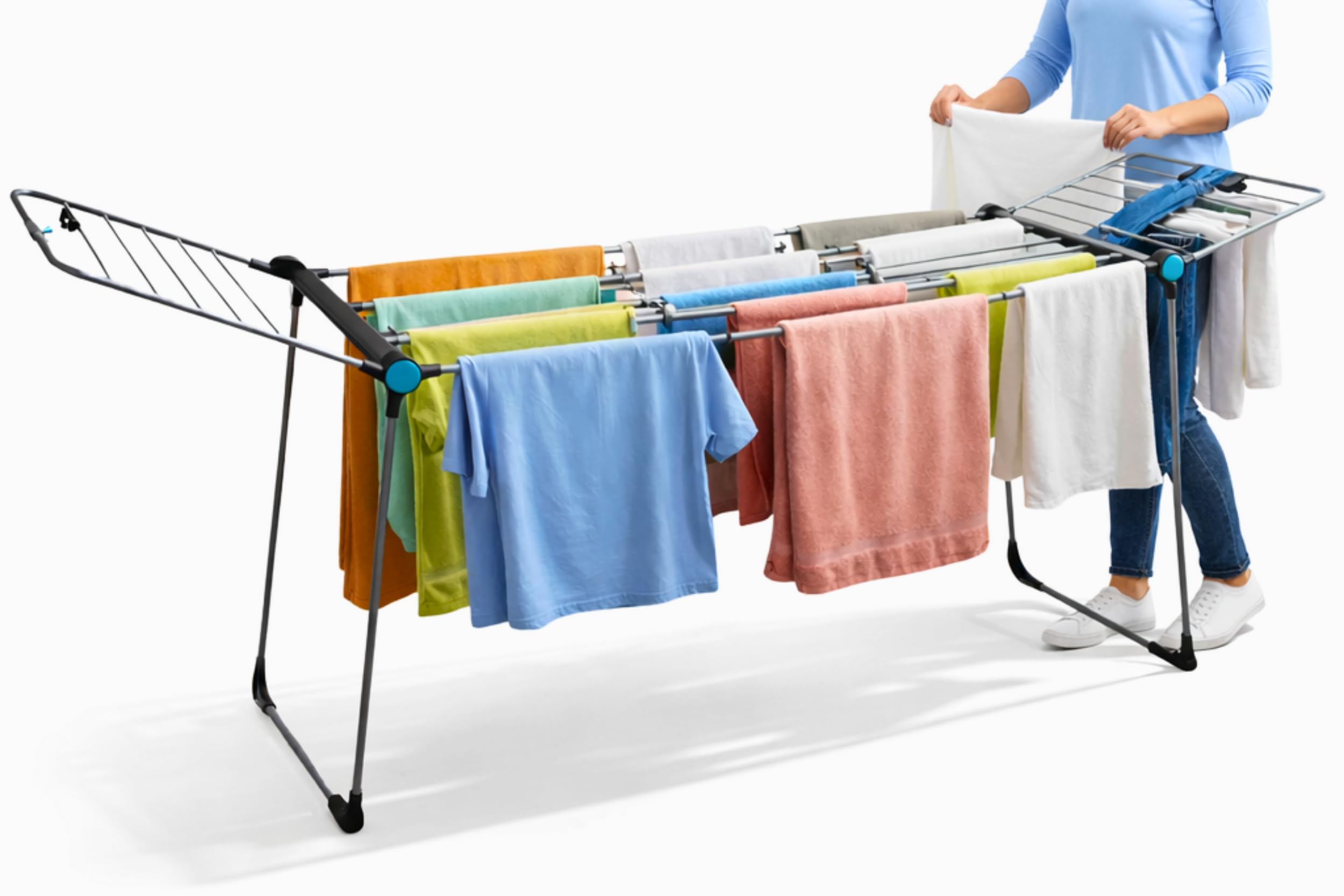 MELTA.® Dynamik 25 – Étendoir à Linge Extensible avec Partie Centrale Télescopique, 25 m de Séchage, Ailes Hautes, Structure Stable en Acier, avec roulettes, Gris et Vert