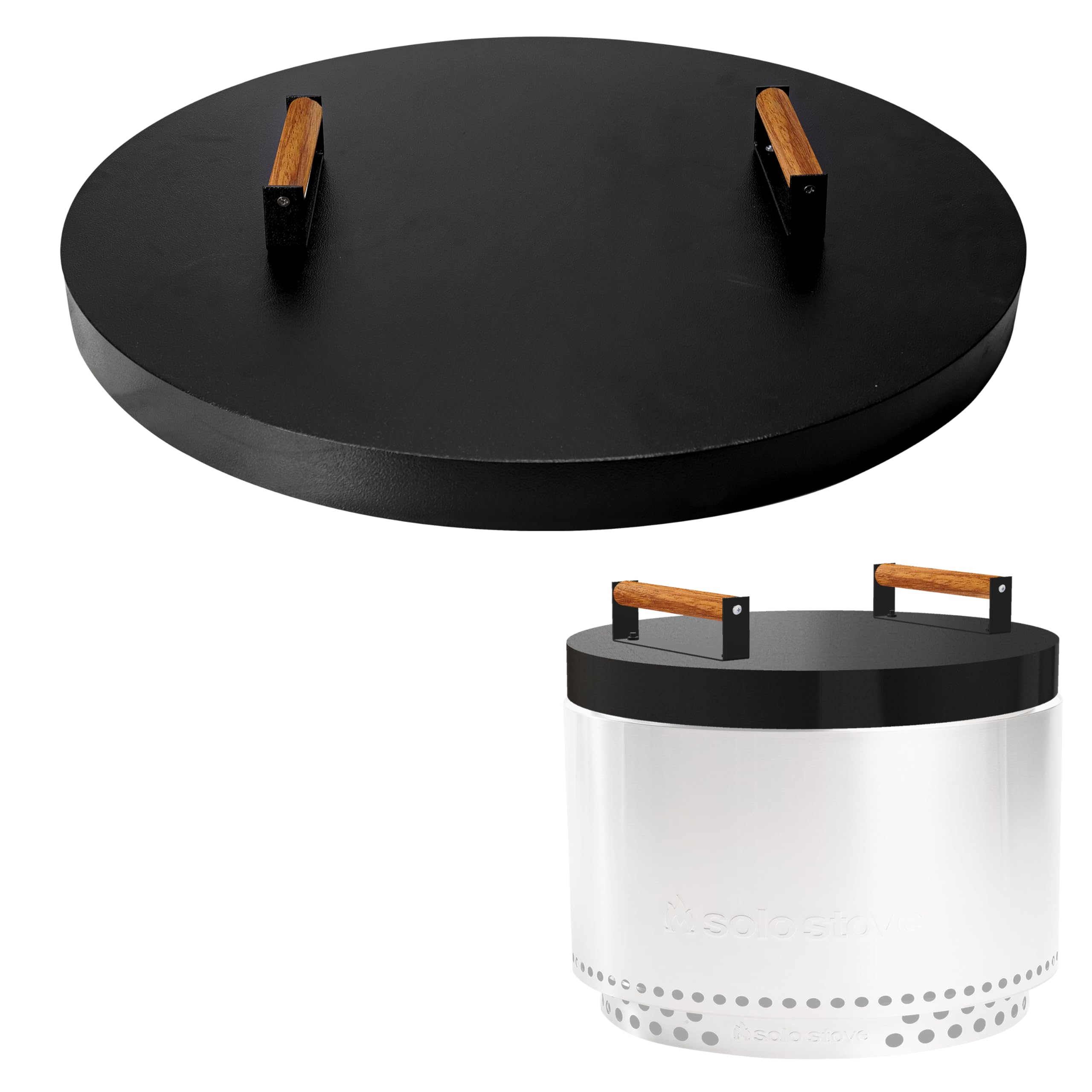 FEBTECH27.5 Solid Shield Compatible For 27" Smokeless Fire Pit - 16 Gauge Powder Coated Carbon Steel Firepit Lid With 2 Ergonomic Wooden Handles - Protect Your Fire Pit from Outdoor Eliments