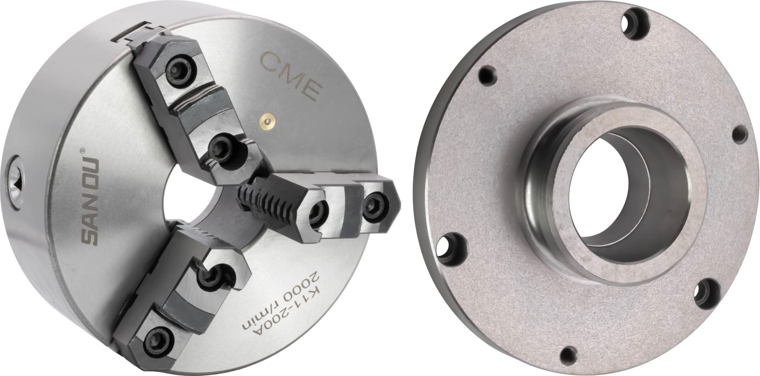 CME 8" 3-Jaw Self-Centering (Scroll) Lathe Chuck with L00 Long Taper Backing Plate, Two-Piece Reversible Jaws
