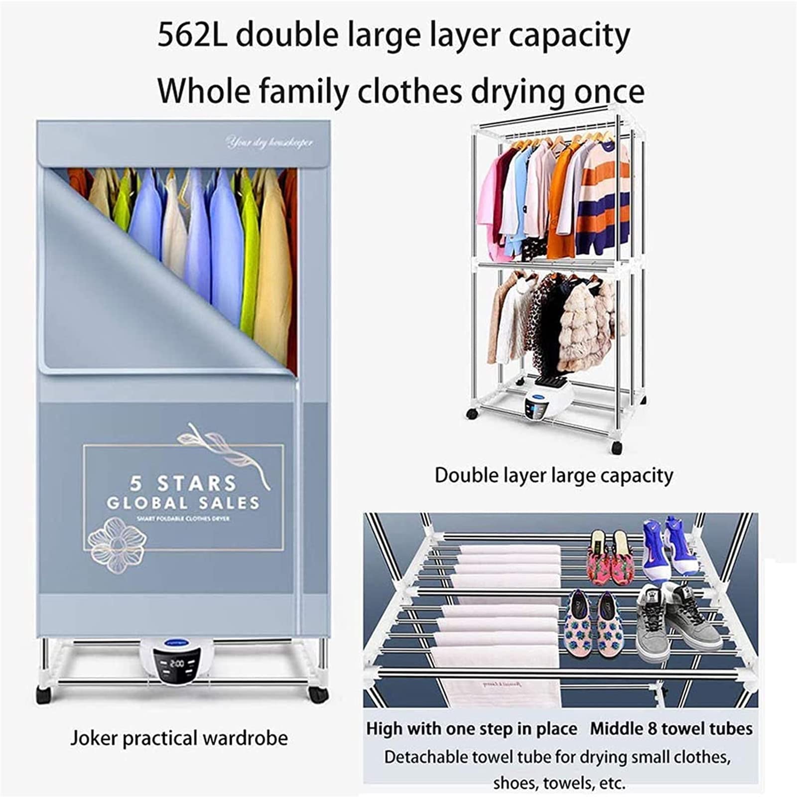 Secadora de Ropa Plegable(Control Remoto), Secadora de Ropa Eléctrica Portátil 2000W Calentada Máquina Secadora de Ropa Gran Capacidad 40 Kg Doble Capa Eficiente