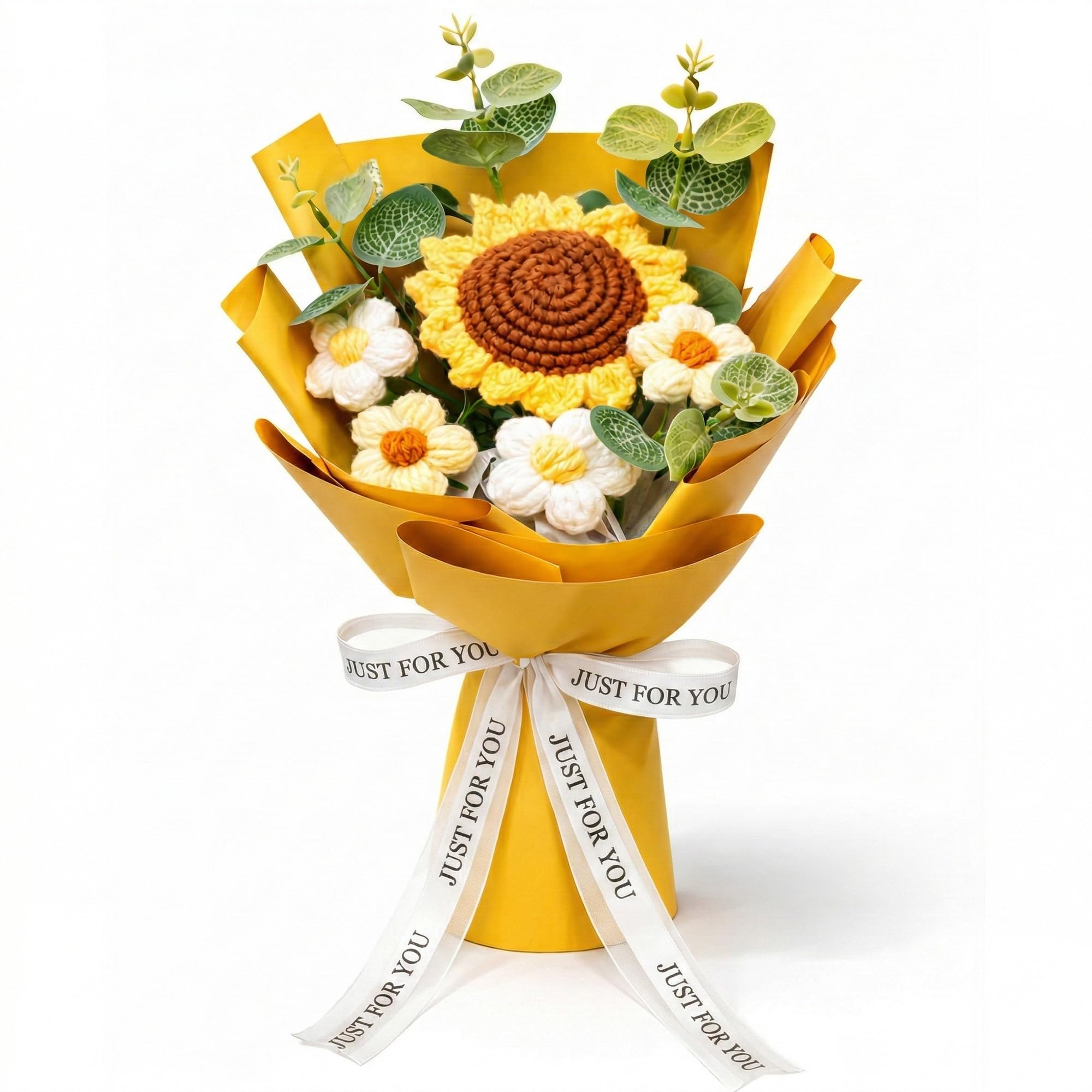 Print Maniacs Yellow Crochet Flower Bouquet – Handmade Knitted Sunflower Faux Flowers, Forever Yarn Flower Arrangement, Valentine’s Day Gift For Her, Anniversary, Birthday, Wedding, Home Décor