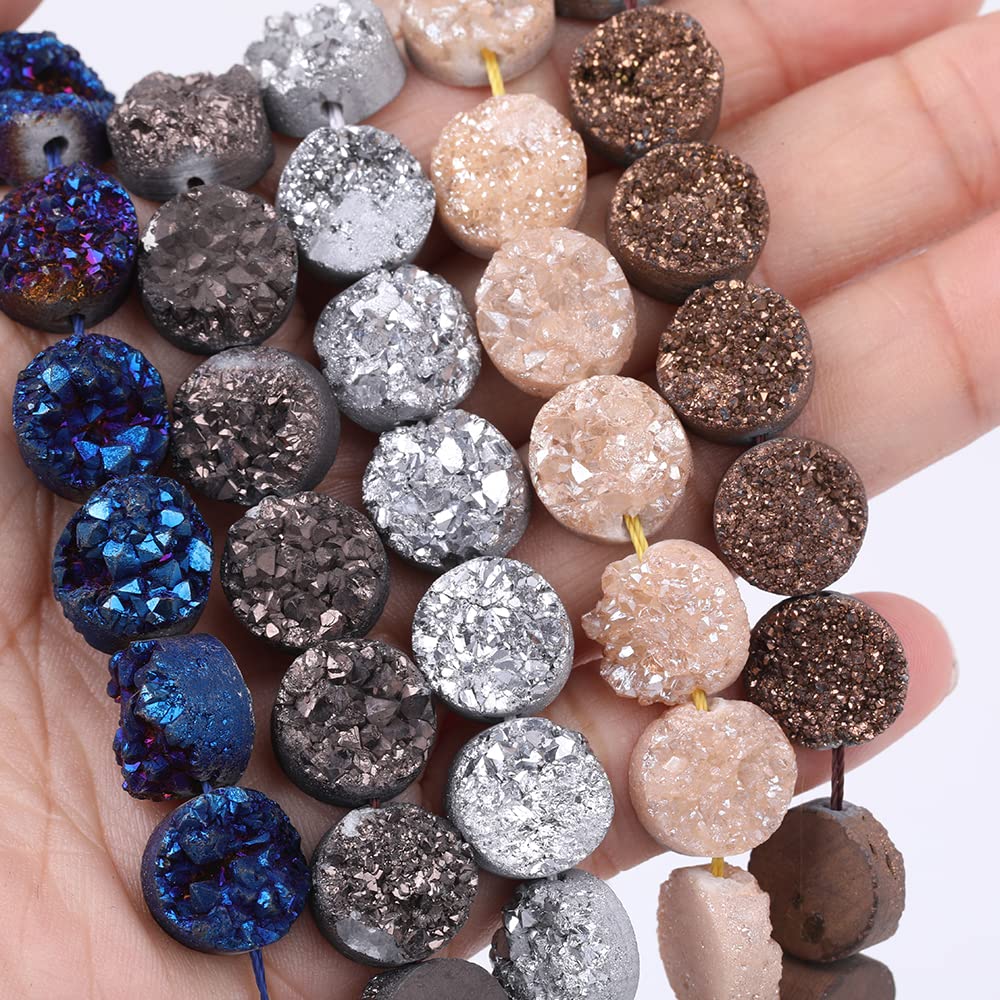 Naturalny kamień kryształowy, 16 szt./sznur. 12 mm srebrzystych tytanowych okrągłych koralików drusy agatów z otworami środkowymi, wisiorki z kamieniem(Style 1)