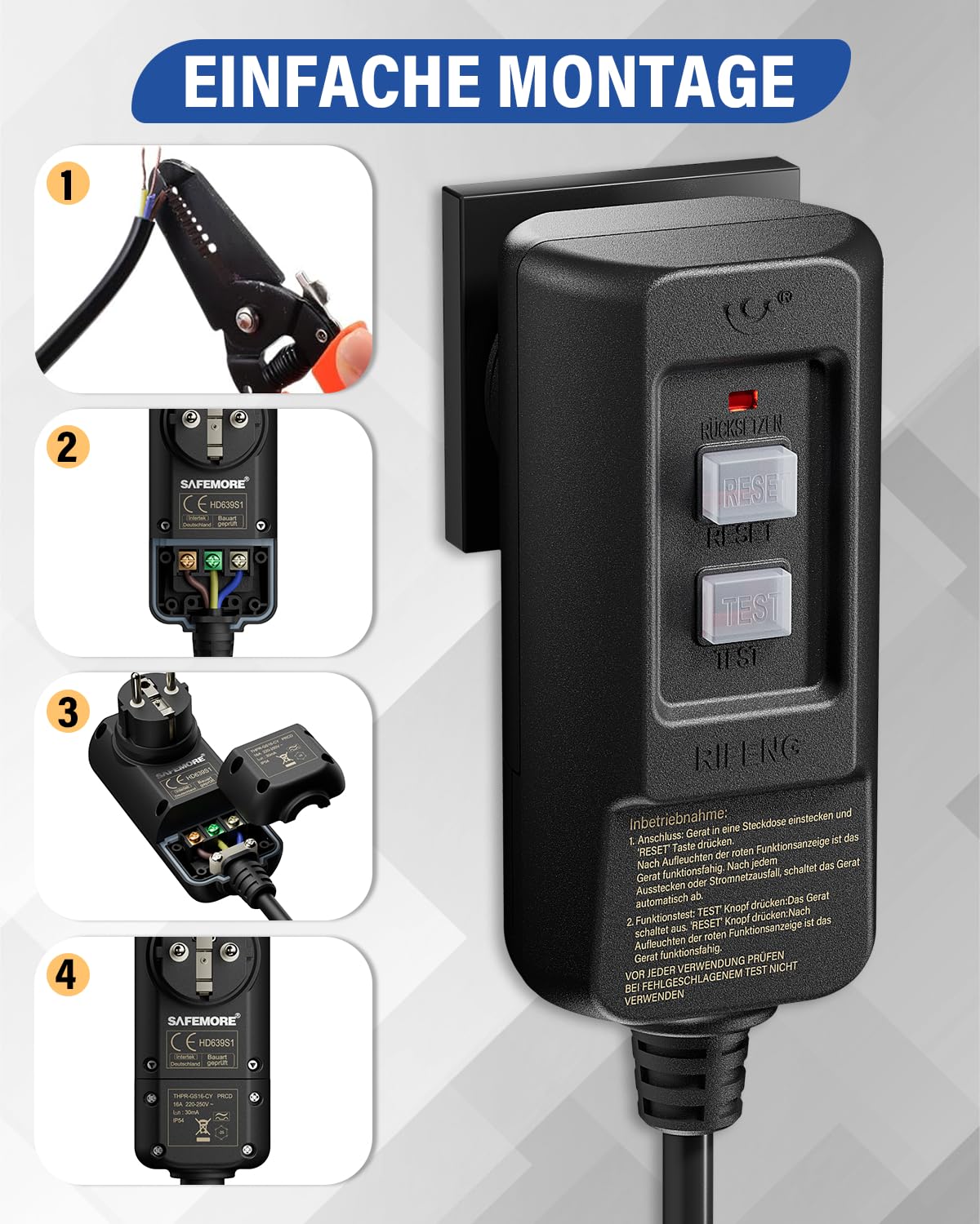 PRCD Fiche de protection personnelle 30 mA, 230 V/16 A FI - Conforme à la norme EN 61008/61009, avec affichage et bouton de test, IP54 - Pour la maison, le jardin et les appareils médicaux