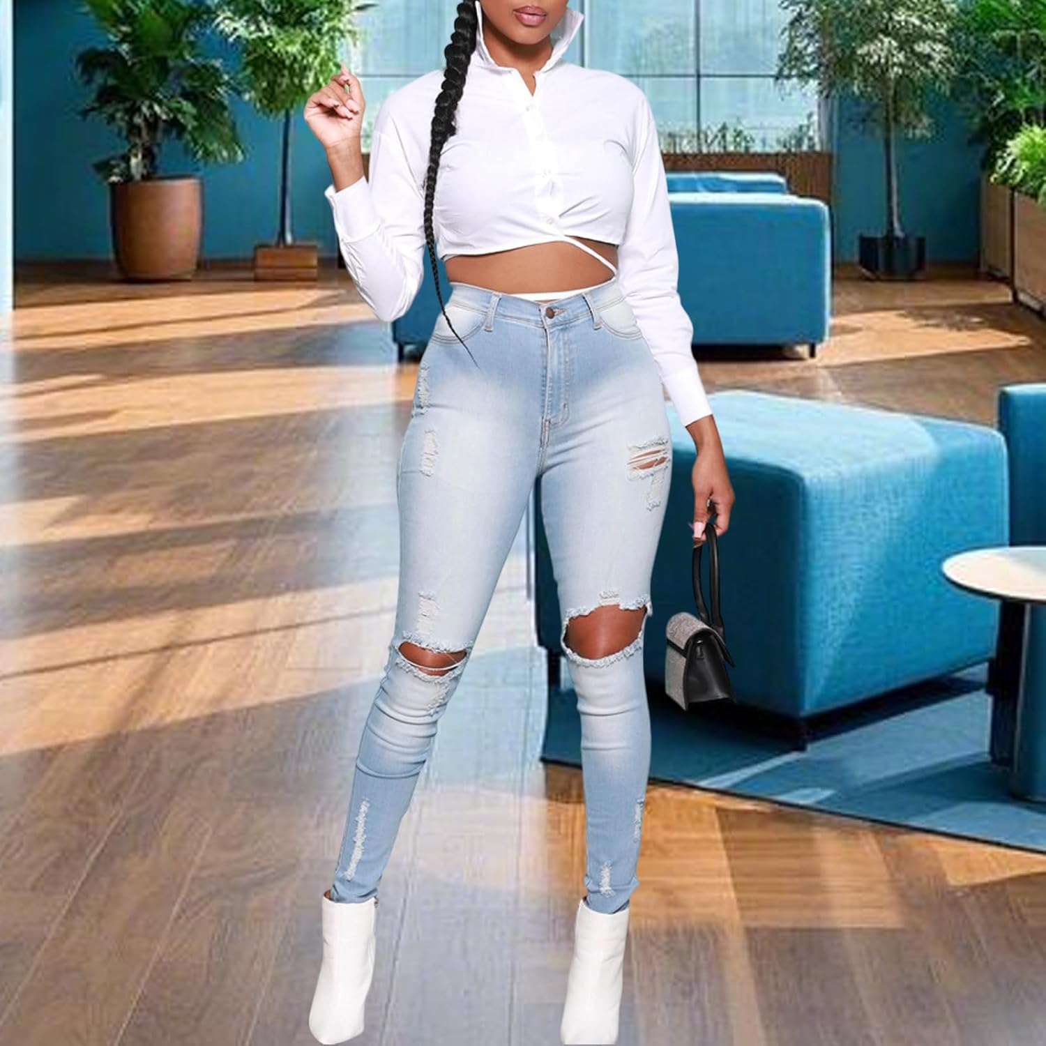 70s Bell Bottom Jeans for Women Elastic High Waisted Raw Hem Denim Pants Classic Vintage Flared Jeans - Image 3