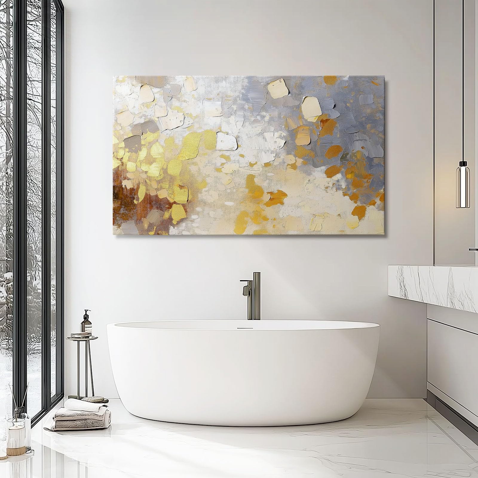 Bild auf Leinwand Abstrakt Textur Ölgemälde Wanddeko Wohnzimmer Aesthetic Deko Zimmer Wandbilder Modern Schlafzimmer Esszimmer Room Decor Gold Grau, 150 x 50 cm