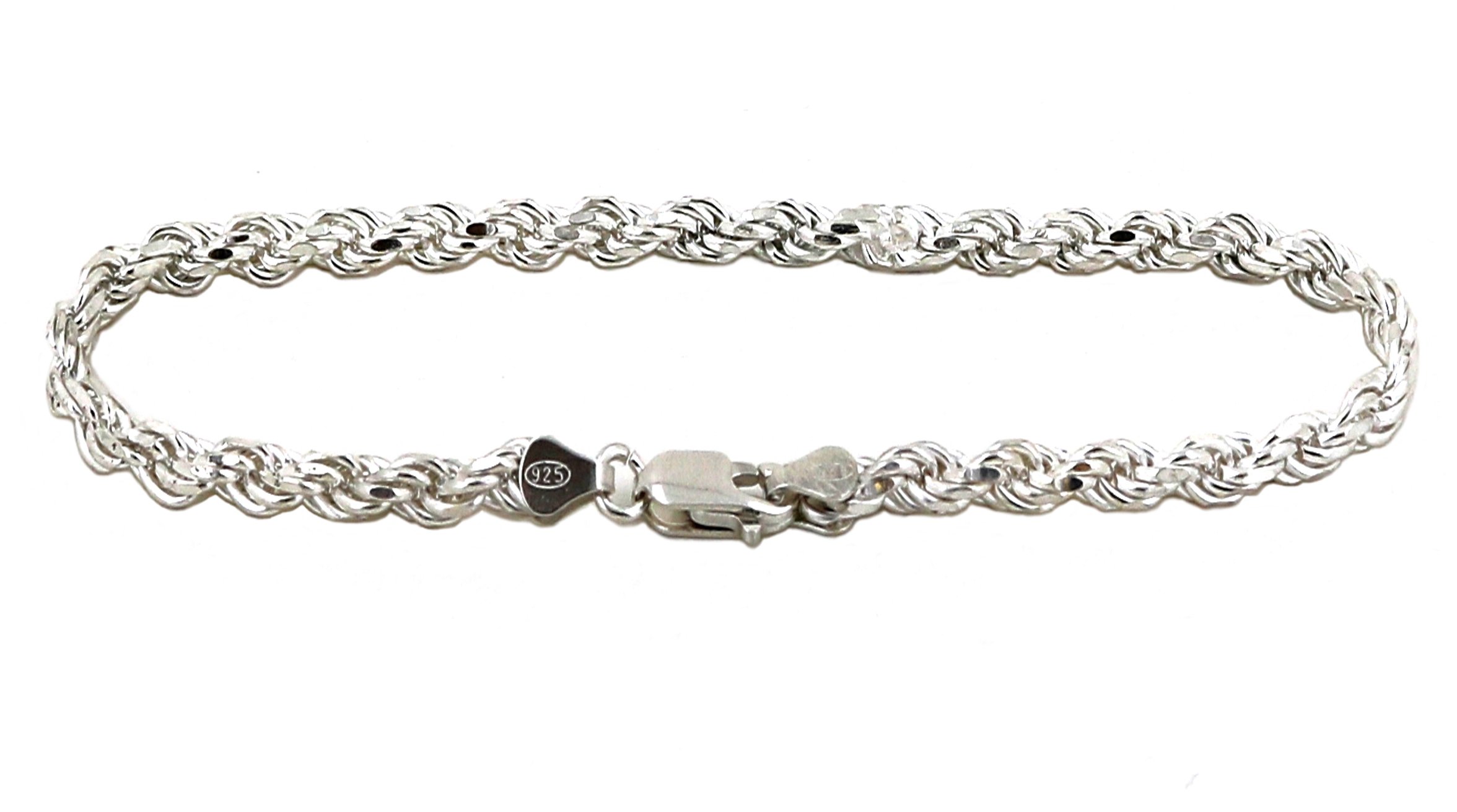 Solid 925 Sterling Silver Diamond Cut Rope Bracelet/Anklet for Men and Women 2.0mm to 6.0mm, 7" to 10"