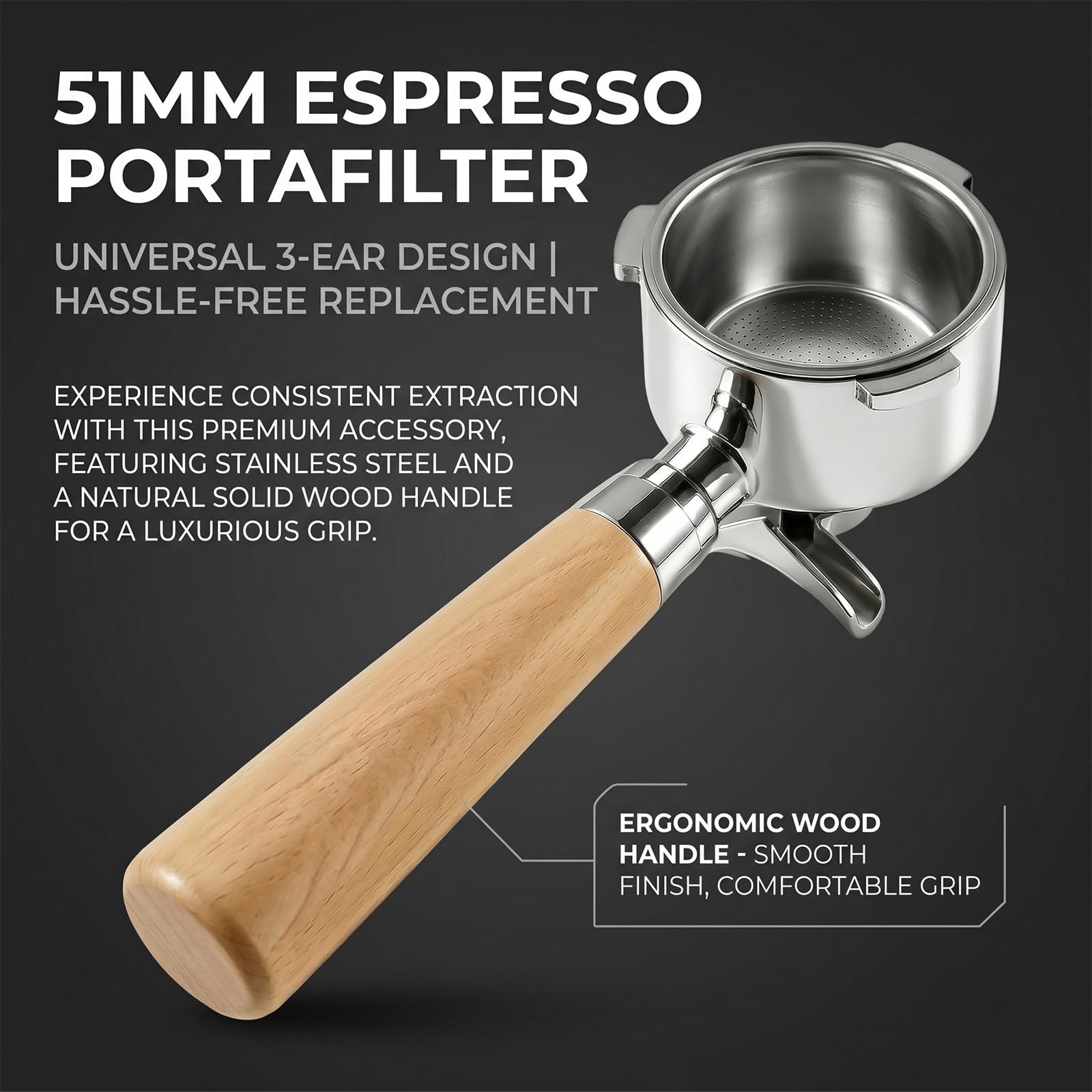 Espresso - Filtro portafiltro de doble caño (3 orejas, mango ergonómico de madera premium, incluye cesta sin presión, portafiltro de 51 mm, para DeLonghi Dedica EC680 EC685 y Smeg)