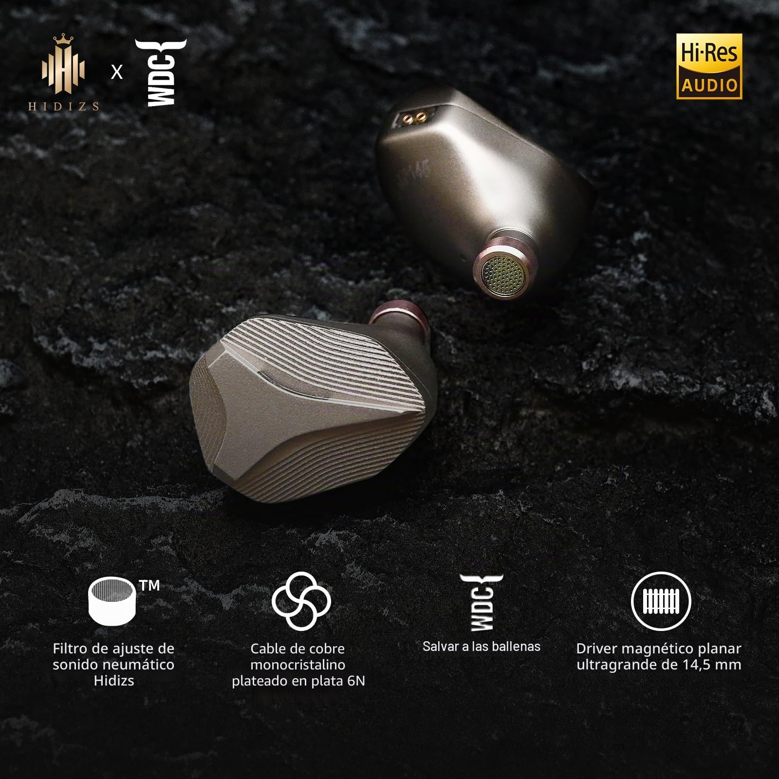 Hidizs MP145 Monitores Intraurales HiFi con Controlador Magnético Plano Ultra Ancho de 14,5 mm, Auriculares de Diseño Ergonómico, Auriculares Desmontables de 2 Pines, Titanio, 4,4 mm