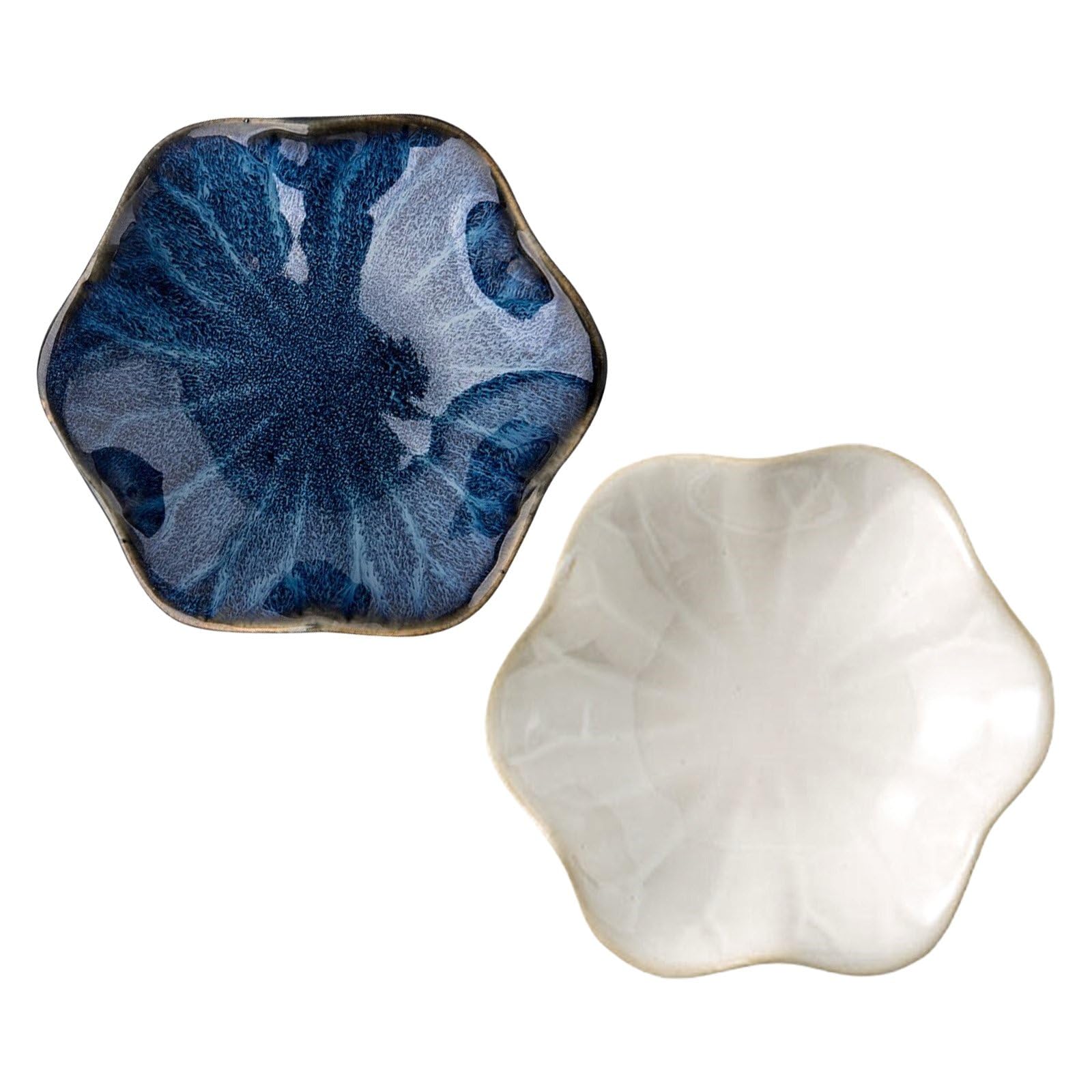 2Pcs Ceramic Jewelry Dish - Lotus Leaf Shape, for Ring Holder Necklace Small Key, Suitable for Mother Friend Sister, Gifts for Women, Cute Plate Trinket Tray, Home Decor (Blue &amp; White)