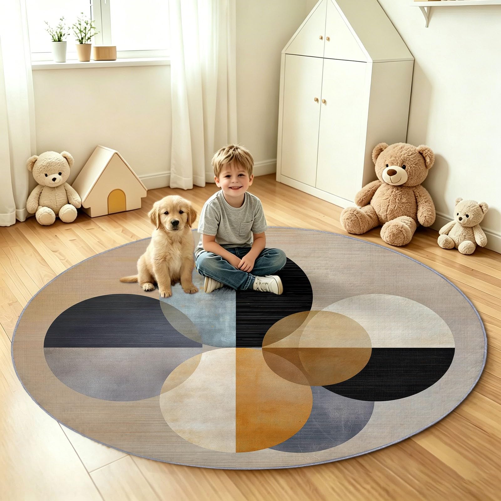 Tapis Enfant Rond Chambre d'enfant Filles Garçons, Geometrique Vintage Tapis Rond Lavable & Antidérapant pour Salon Chambre Cuisine Salle à Manger Chambre (160 cm, Lignes Circulaires)