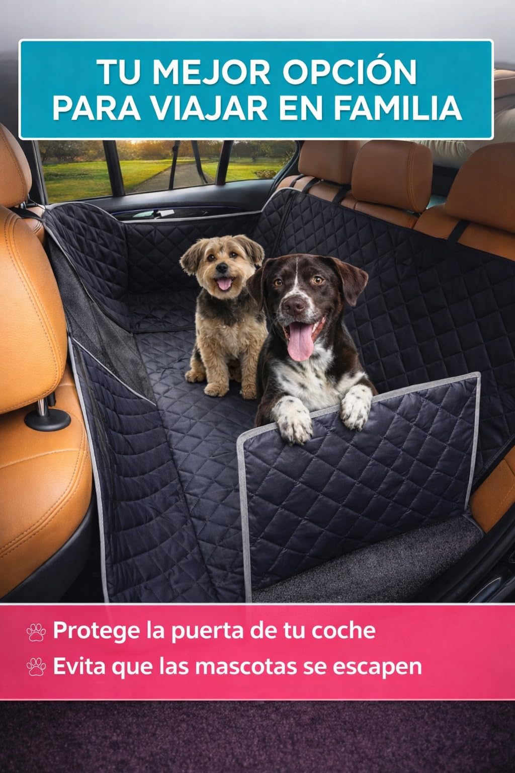 Funda Coche Perro Asiento Trasero Impermeable 600D Antideslizante | Protector para Mascotas con Ventana de Malla, Solapas Laterales y Ajuste Universal