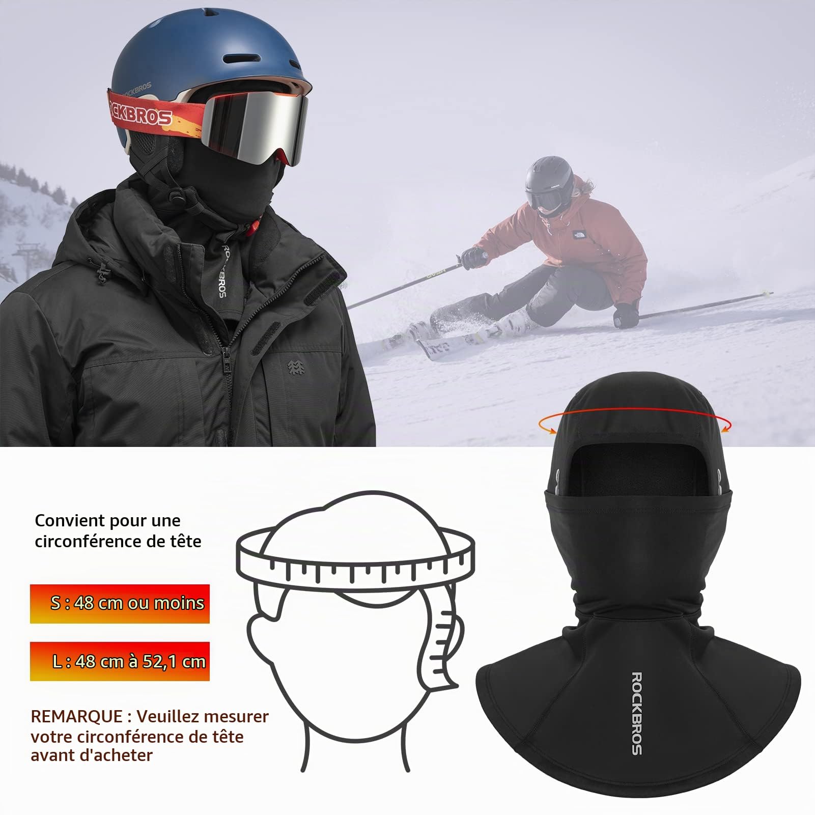 ROCKBROS Cagoule Moto Hiver, Balaclava Cagoule de Vélo Homme Polaire, Élastique Respirant avec Trous de Lunettes Coup-Vent Anti-Froid pour Homme Femme pour Cyclisme, Ski, Moto, Sports en Plein air S L