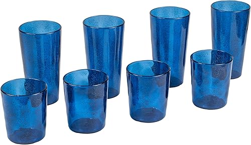 Abode Homewares by TarHong Fizz Bubbles - Juego de 8 vasos de plástico de alta calidad, con 4 vasos jumbo y 4 vasos dobles antiguos, color azul