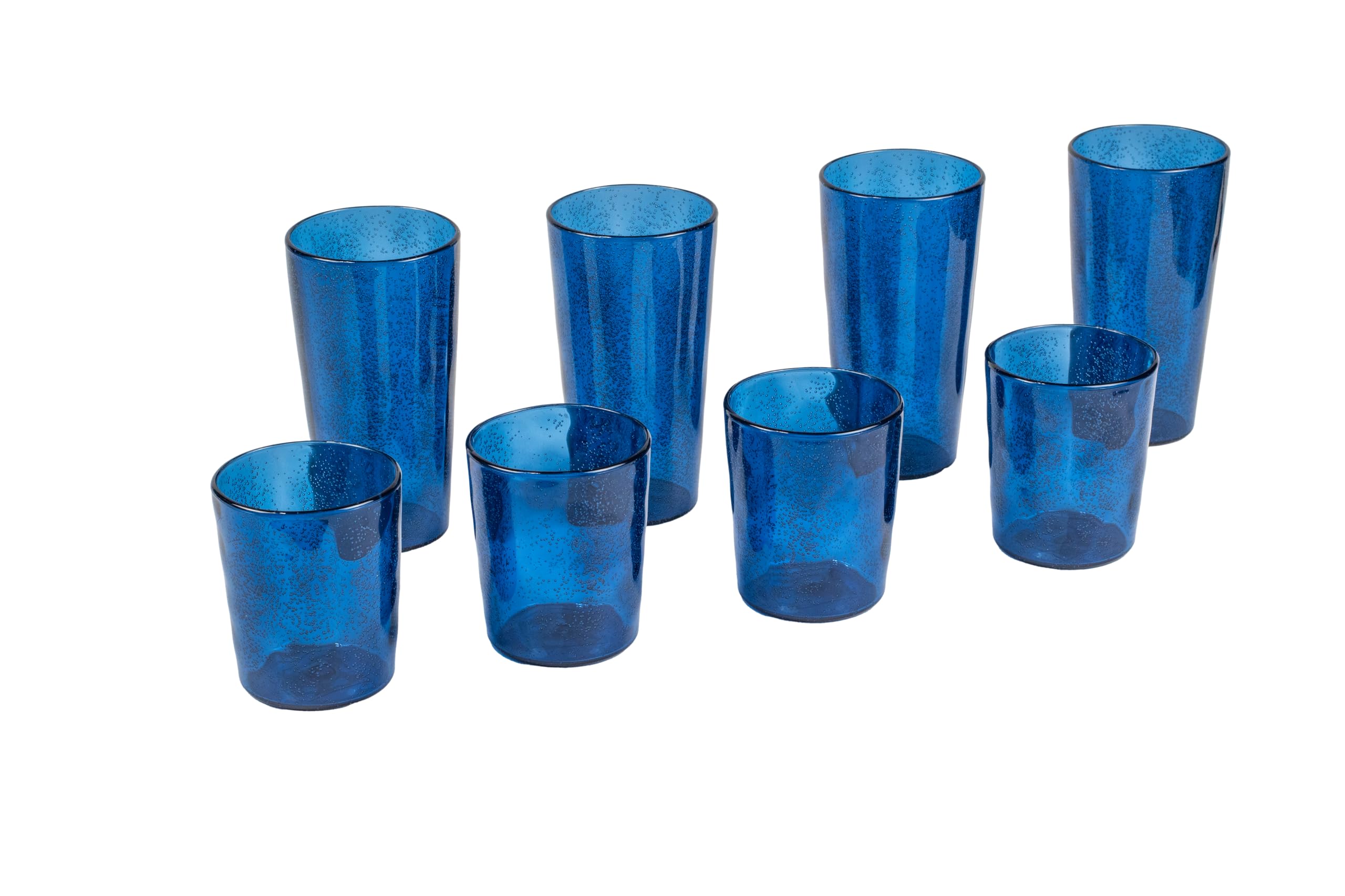 Fizz Bubbles Premium Plastic Drinkware 8 Piece set, with 4 Jumbo and 4 Double Old Fashioned Glasses, Deep Blue