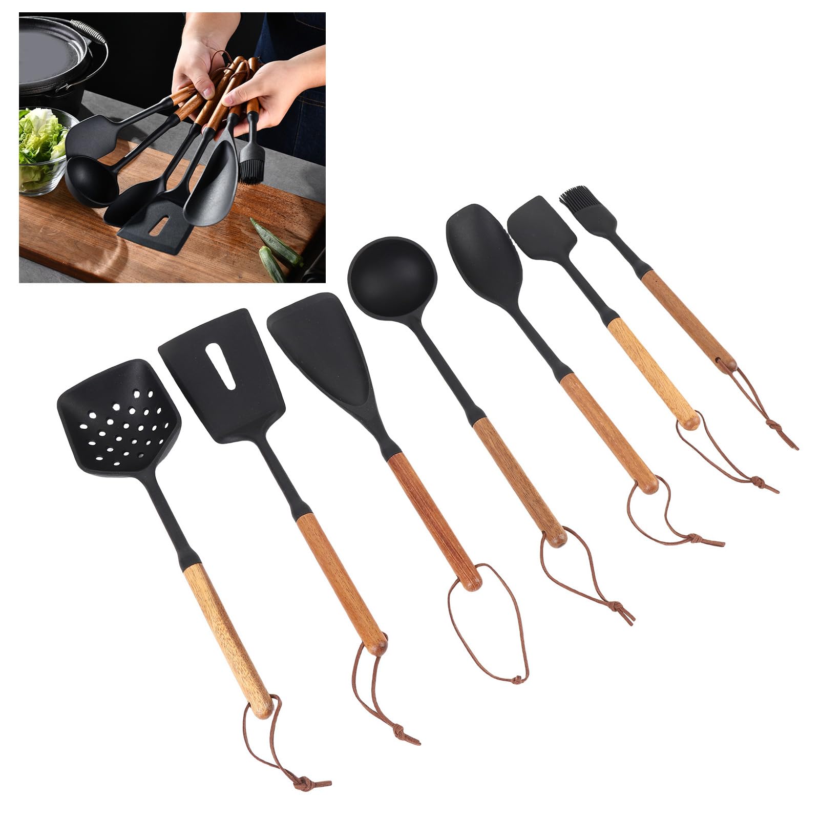 Generic Ensemble D'ustensiles de Cuisine en Silicone de 7 Pièces avec Poignées en Bois, Spatule Antiadhésive Résistante à la Chaleur, Cuillère Tournante pour Frire, Servir, Retourner