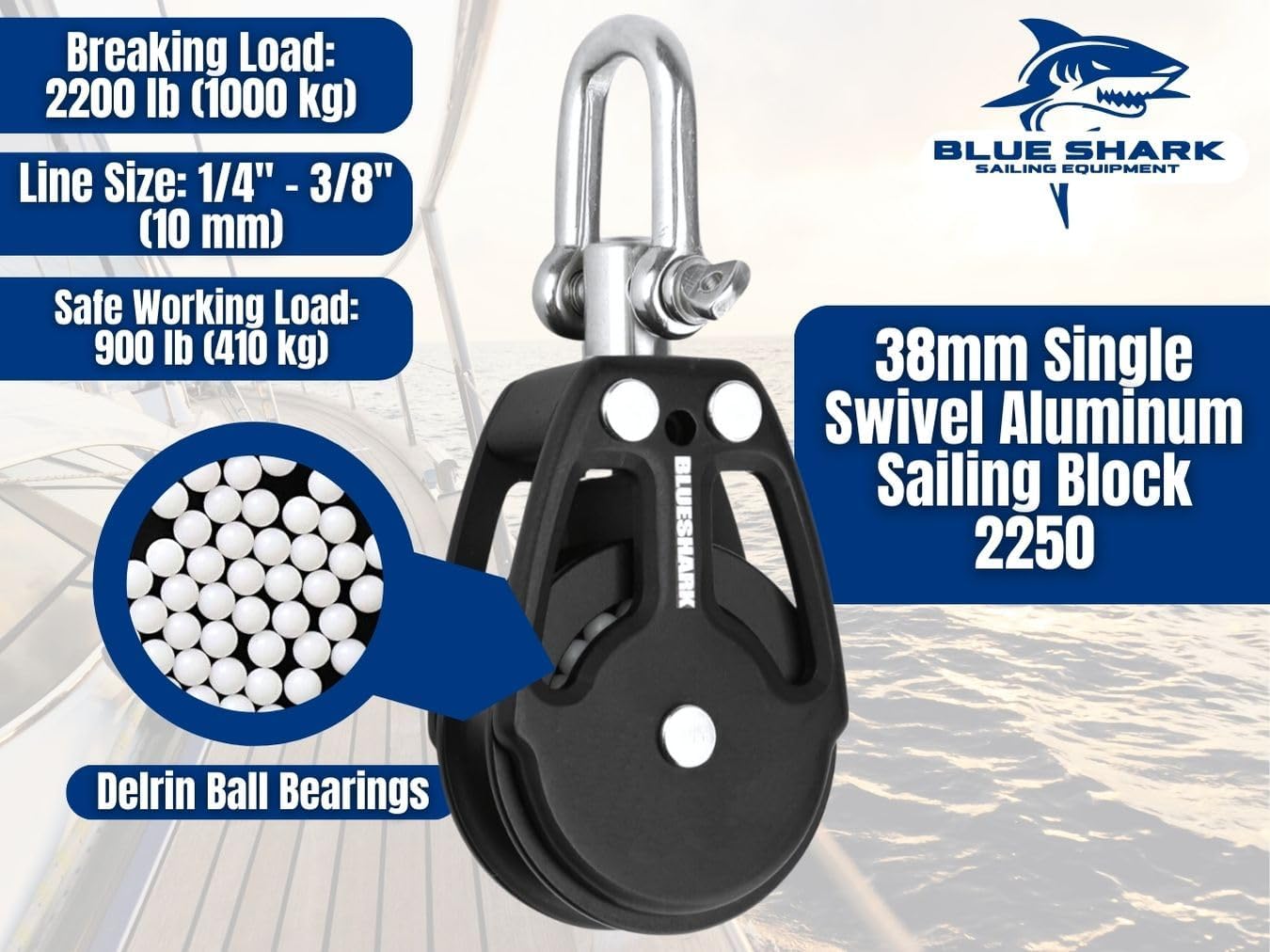 Blue Shark 2250-38mm Single Swivel Block - Max Line: 3/8” (10 mm), Safe Working Load (SWL): 900 lbs, Breaking Load: 2200 lbs (5-Pack)