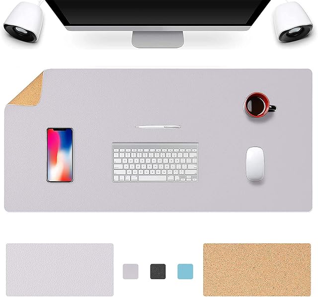 Non-Slip Desk Pad Cork & Leather Double-Sided Desk Table Protector 80*40cm, Ultra Thin Large Mouse Pad, Easy Clean Laptop Desk Writing Mat Waterproof Desk Mat for Office/Home/Decor (Gray)