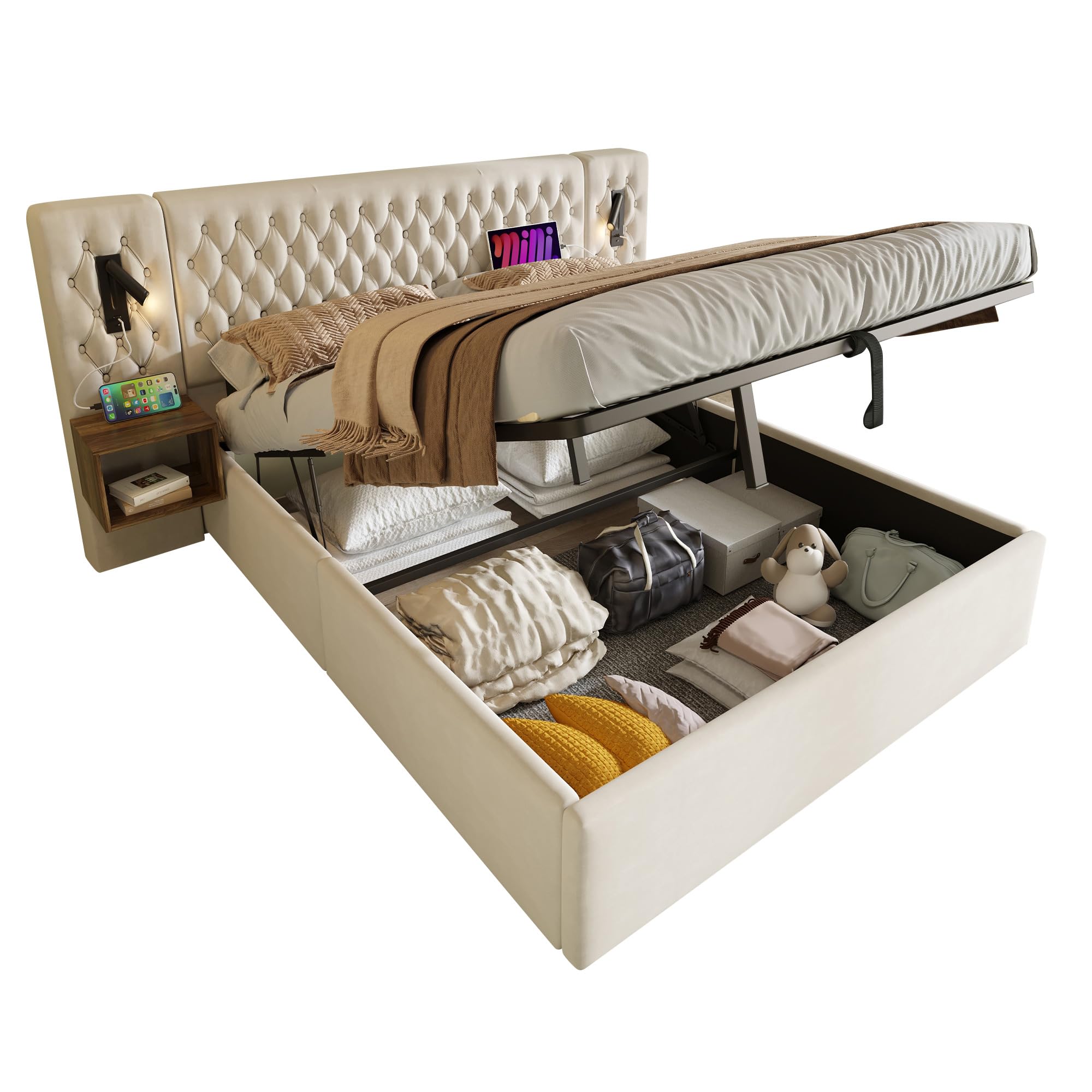 Juego completo de cama para dormitorio, cama tapizada hidráulica, cama doble de 180 x 200 cm, con 2 mesitas de noche, cabecero de luz de lectura con función de carga USB, 261 x 210 x 105 cm,