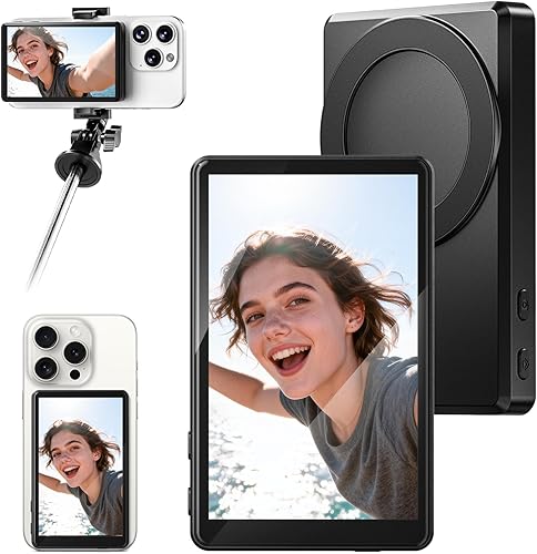 UBeesize Monitor de selfie para iPhone, monitor de cámara trasera magnética con obturador Bluetooth integrado para disparar solo, batería de 2000