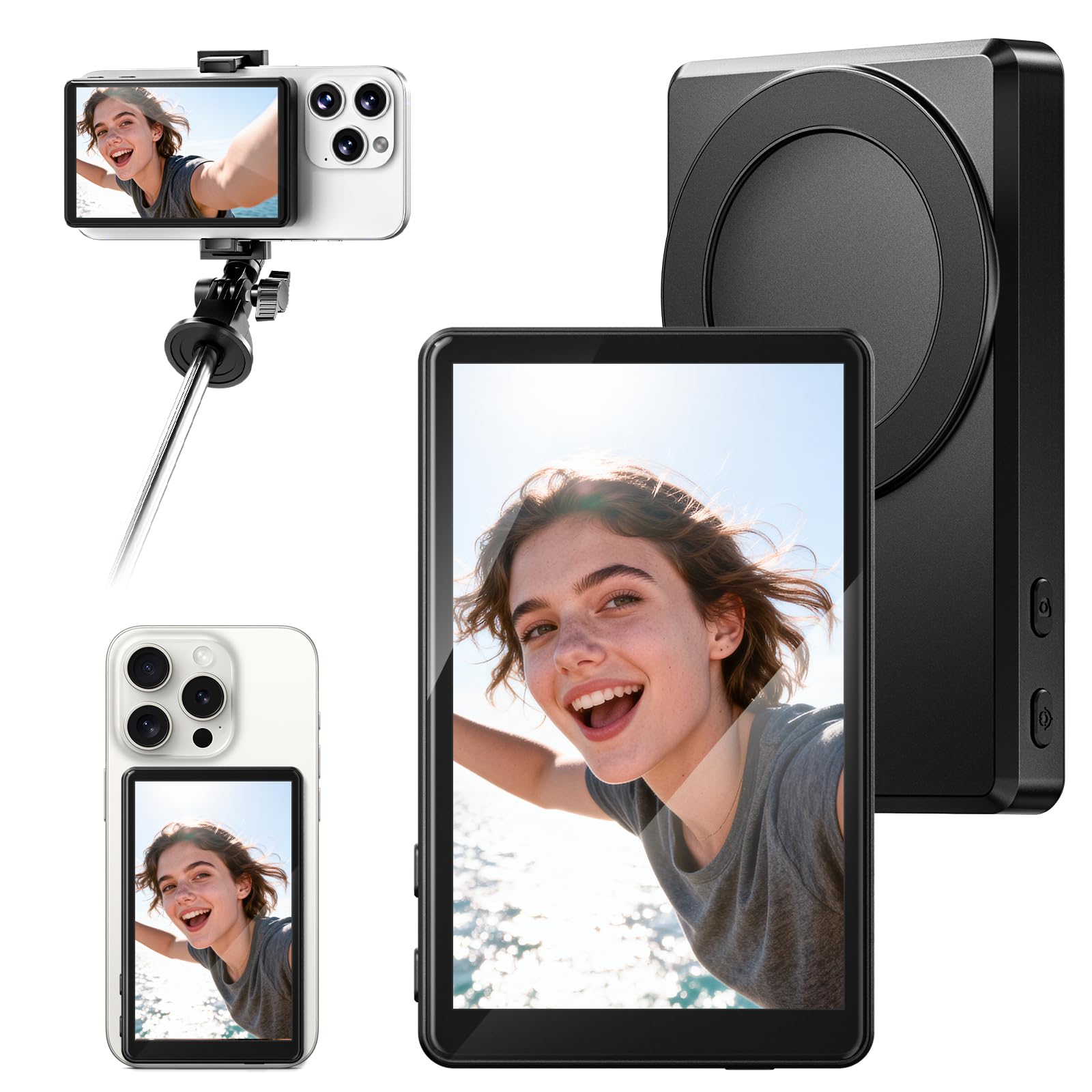 UBeesize Selfie Monitor Screen iPhone, Magnetic Back Camera Monitor with Built-in Bluetooth Shutter for Solo Shooting, 2000mAh Battery, Perfect for