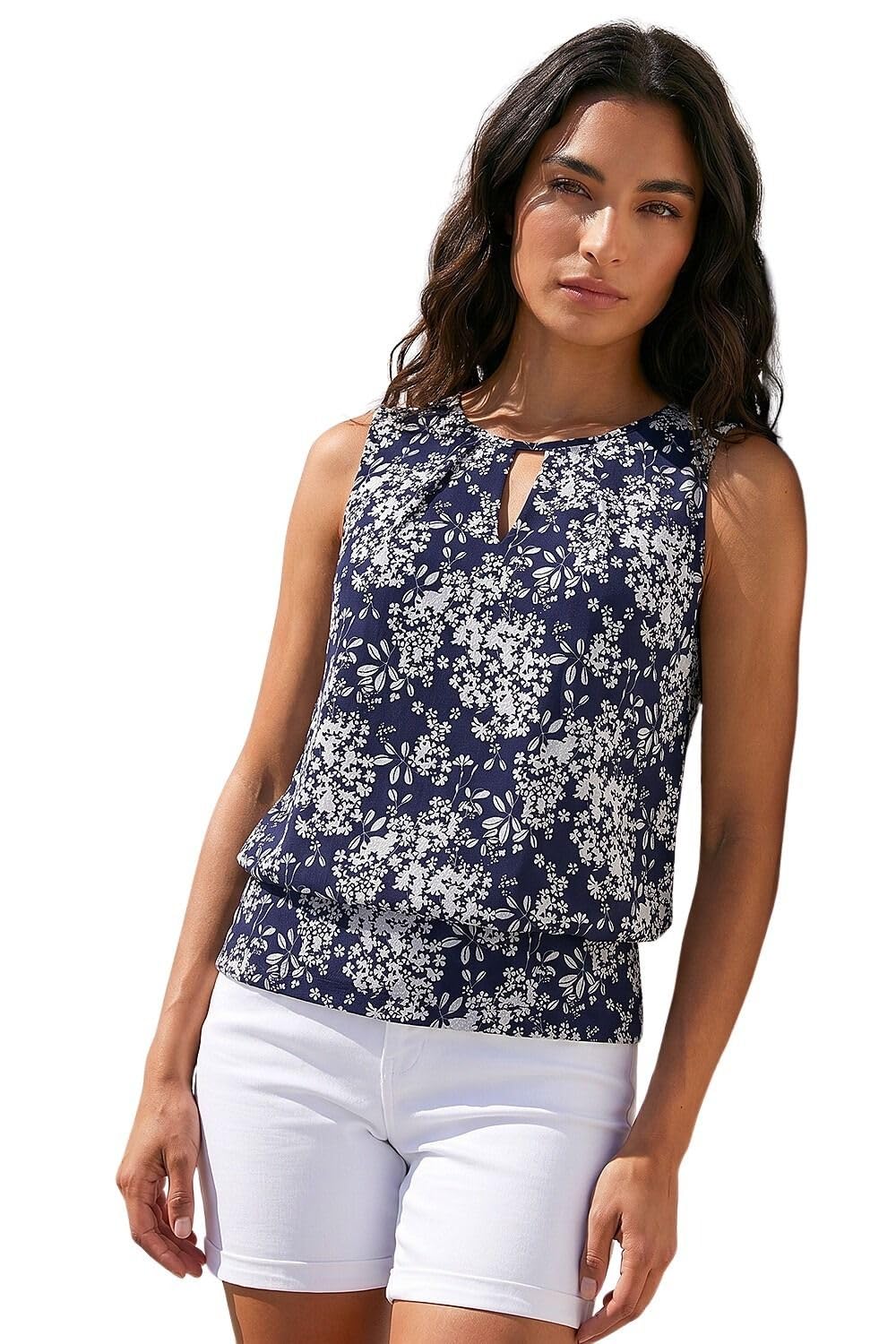 Roman Women's Navy Textured Ditsy Floral Print Top Size 20