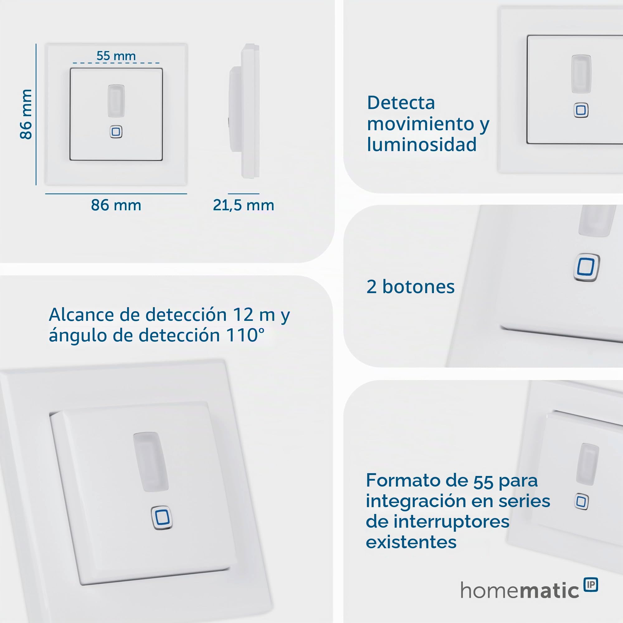 Homematic IP Smart Home 156242A0 - Detector de movimiento en el marco de 55 unidades – Interior – Accesorios para Smart Home con función de aplicación para solución de alarma, interruptor de pared