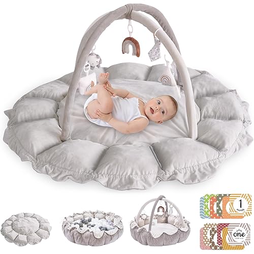 5-in-1 Convertible Baby Play Gym with 6 Toys, Tummy Time Mat for Sensory Development, Baby Activity Center from Newborn to Toddler, Ball Pit, Cat & Dog Bed, Soft Plush Pet Bed, No Ball Included