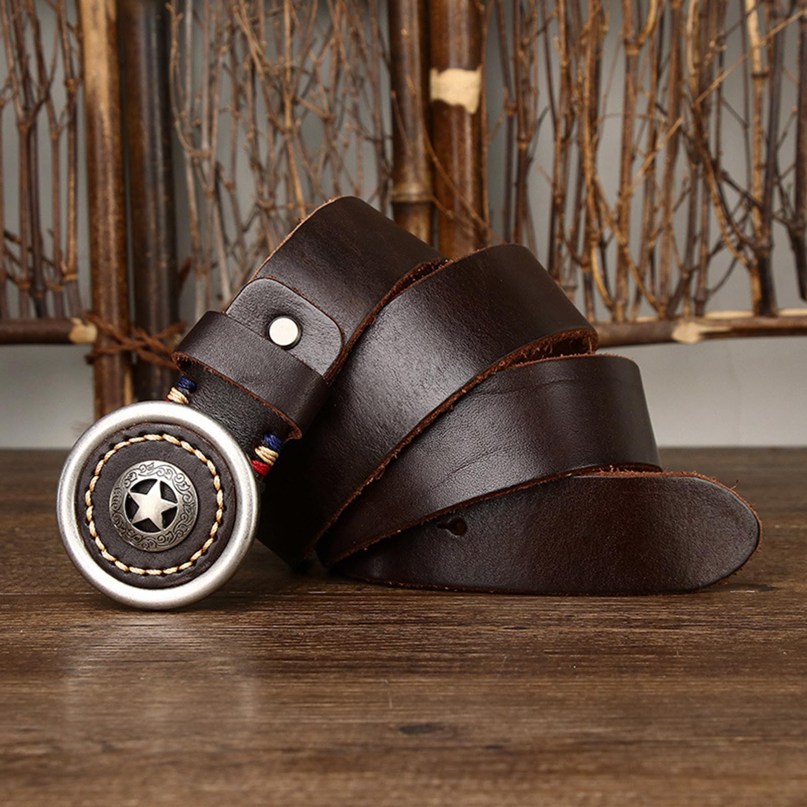 Cintura Western per Uomo/Donna Largo 38 Mm Cowboy Country Cinghia in Vita 5,5 Mm Addensare con Fibbia a Cerchio con Pentagramma Inciso(115cm/45, Coffee)