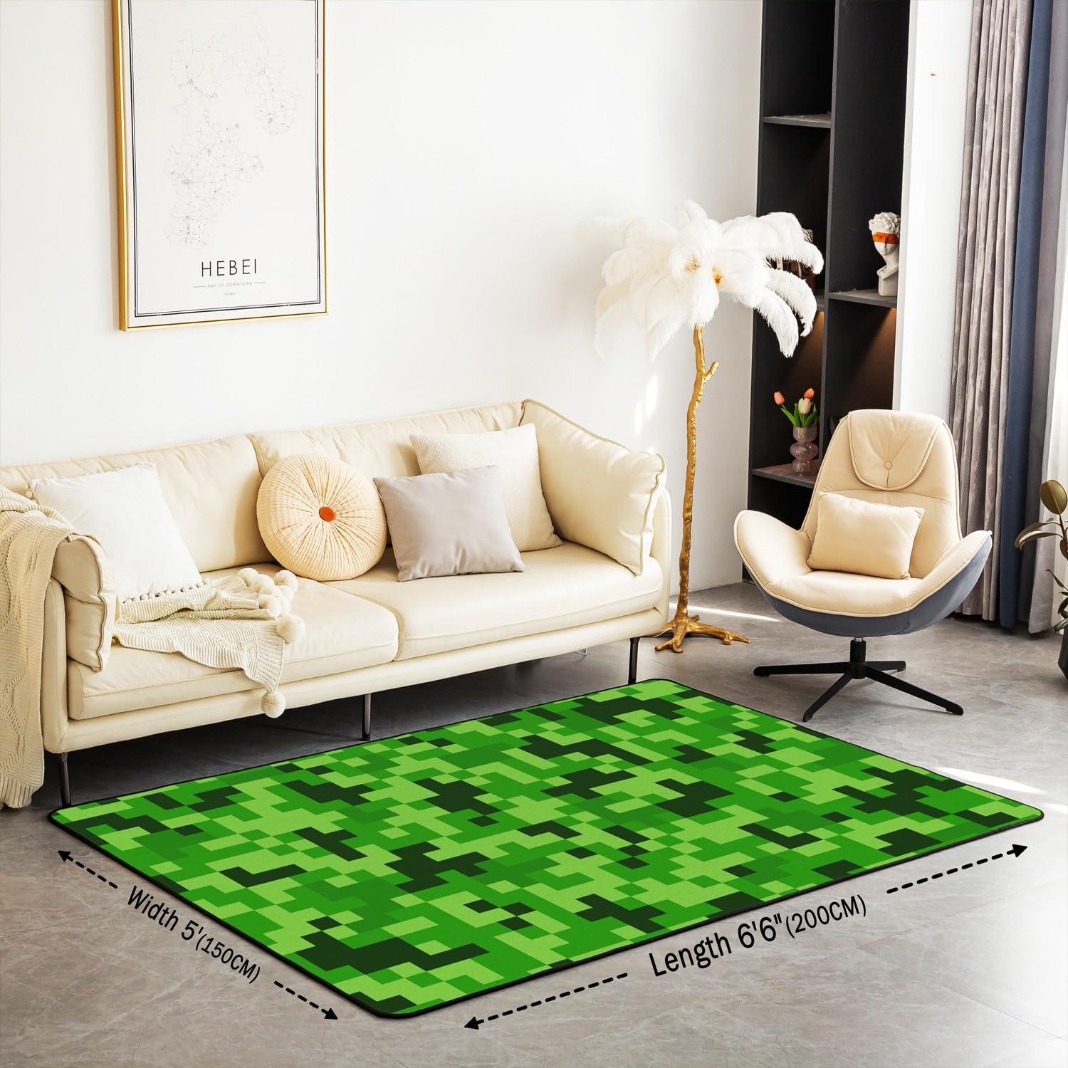 Manfei Miners Pixel Spiele Bereich Teppiche,Grünes Pixelgitter Rutschfester Teppich Videospiele Indoor Fußbodenmatte Home Wohnzimmer Dekor,100 x 150 cm