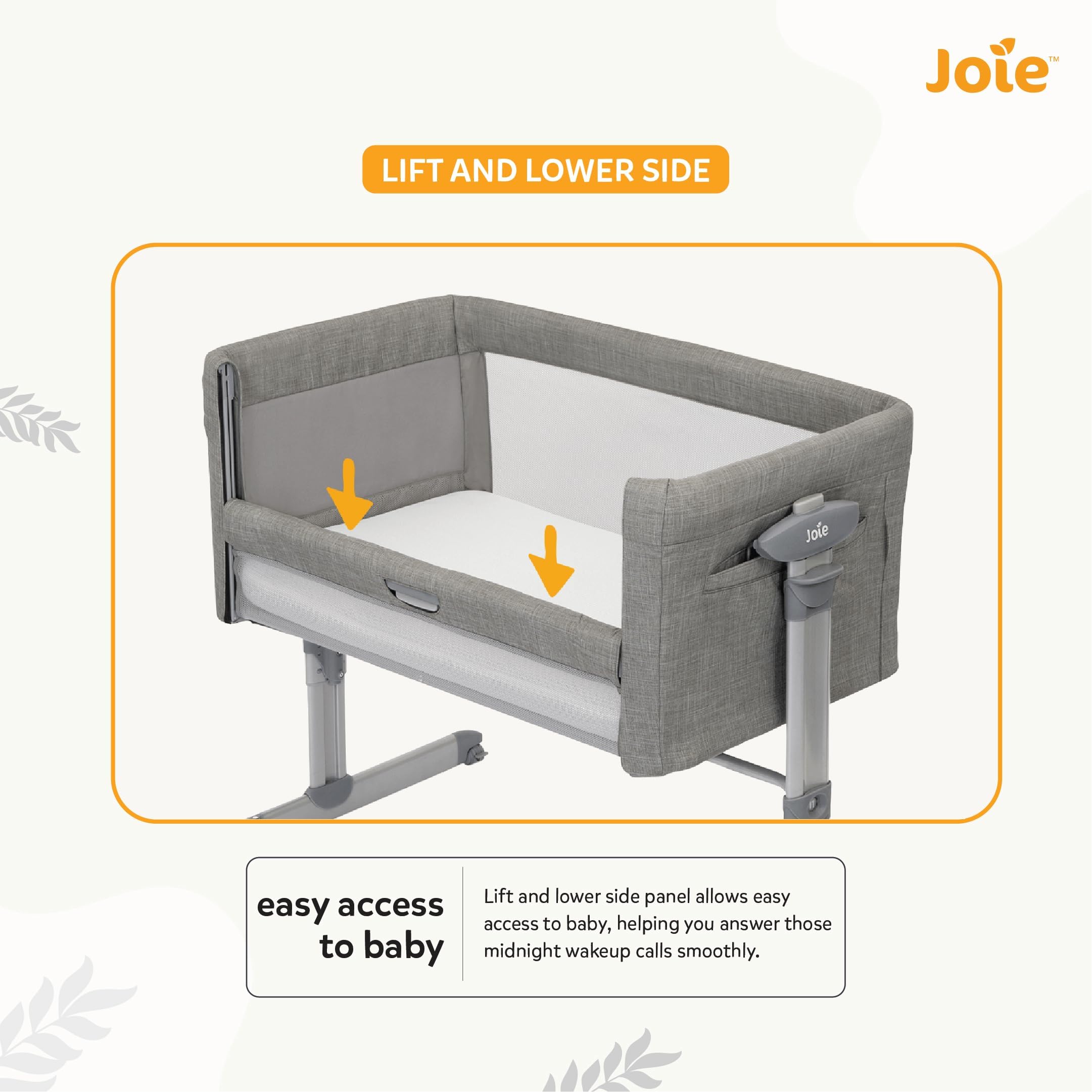 Joie roomie™ Glide Beistellbett, ab Geburt bis 6 Monate (0–9kg), Foggy Grey | Beistellbett und Wiege mit wiege funktion, Absenkbares Seitenteil, Neigung, höhenverstellbar und Tragetasche inklusive.