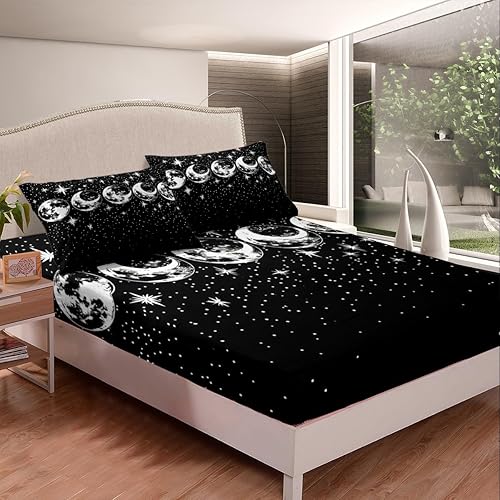 Miniatura 2 de Juego de ropa de cama con diseño de cielo estrellado, sábana bajera ajustable de fase lunar para niños y niñas, serie galaxia, juego de ropa de cama