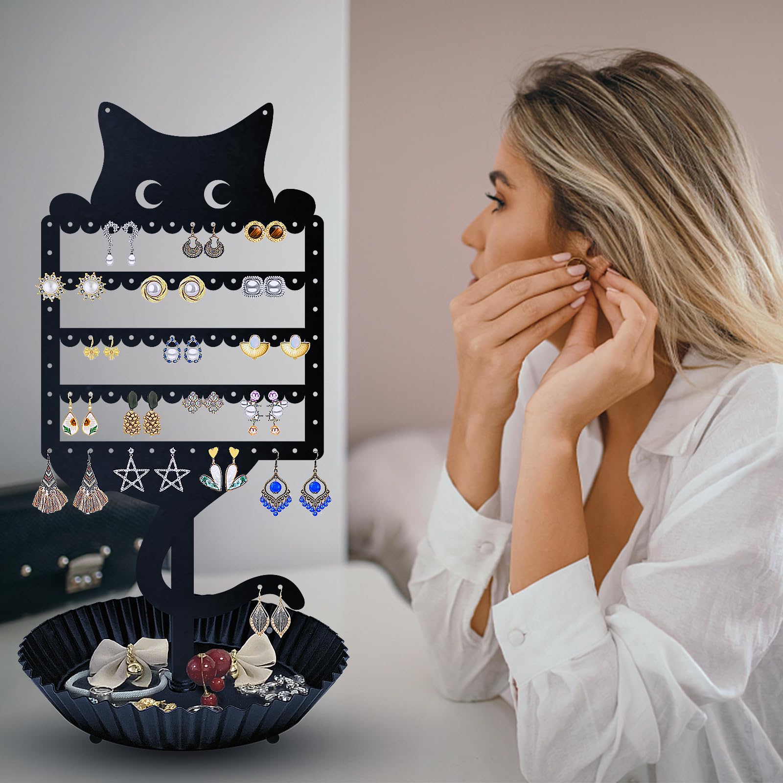WOXBITA Earring Holder Hanging Organizer Stand Jewelry Rack Metal Cute Cat Tree Shelf Room Decor Table Ear Stud Holder Display Tower with Ring Storage Tray for Teens Girls Kids Cat Lovers